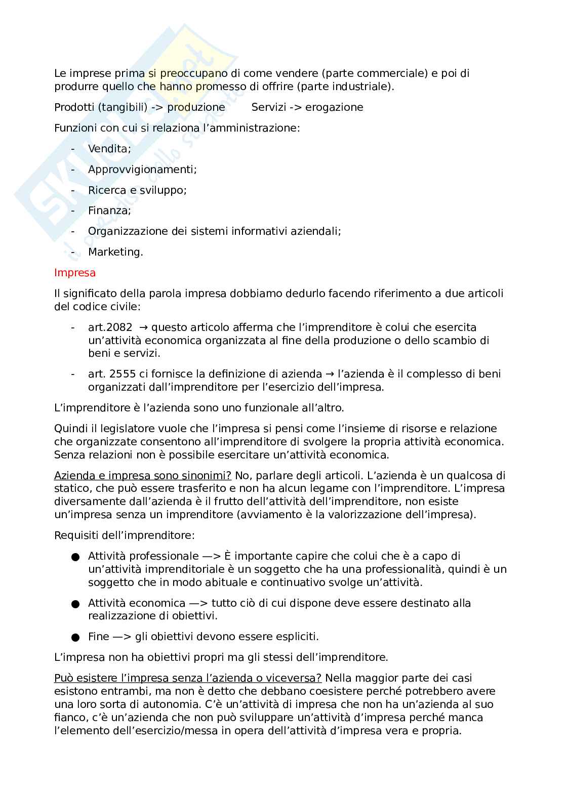 Preparazione primo parziale Economia e gestione dell'impresa Pag. 1