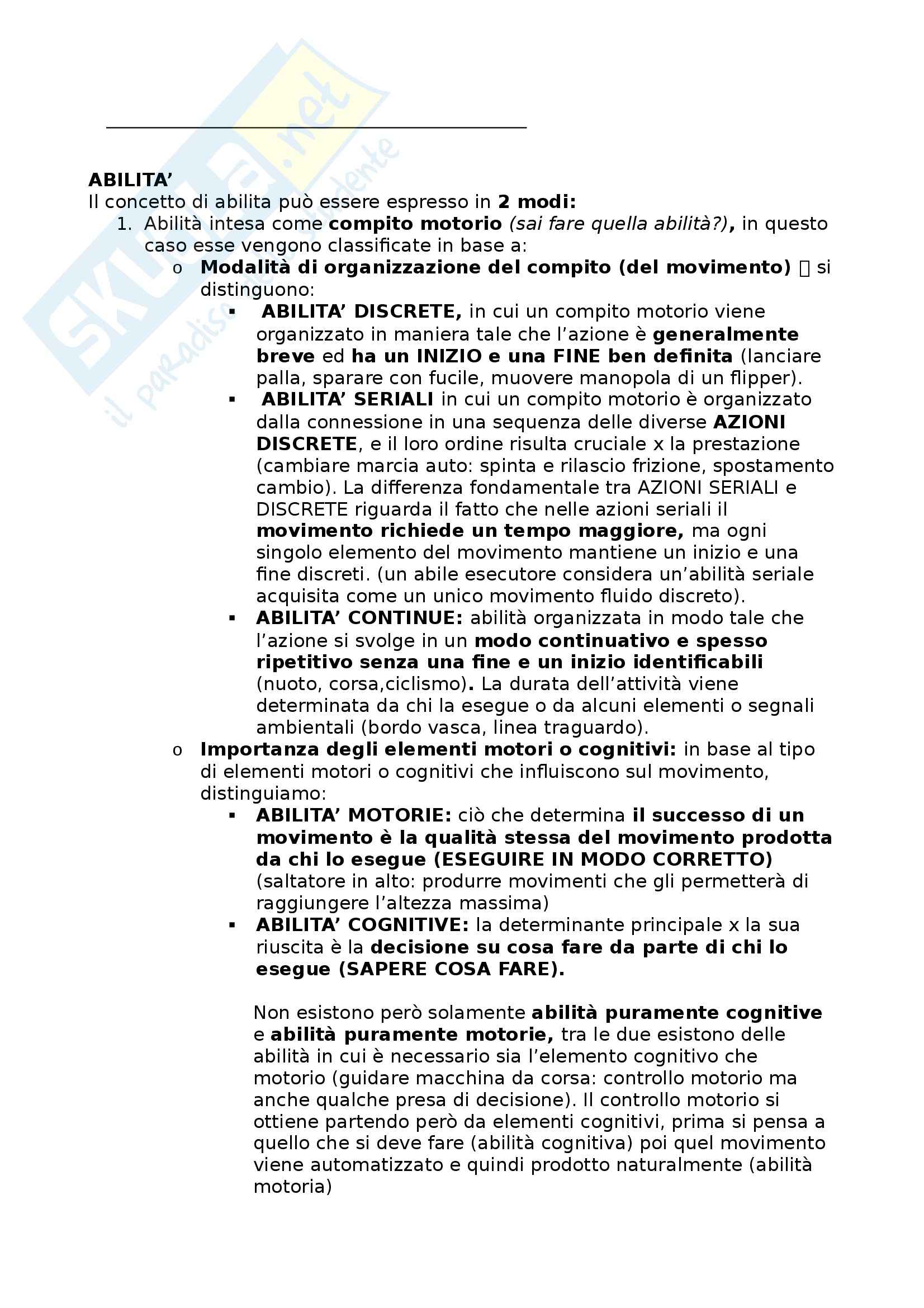 Riassunto esame Metodologia del movimento umano, prof. Bensi, libro consigliato Apprendimento motorio e prestazione, Schmidt - Wrisberg Pag. 1