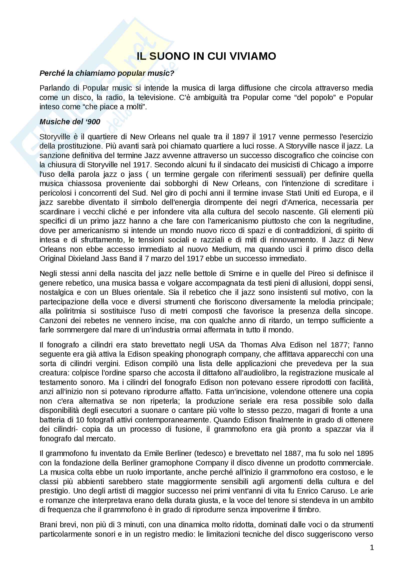 Riassunto esame popular music, prof. Tomatis, libro consigliato Il suono in cui viviamo, Fabbri Pag. 1