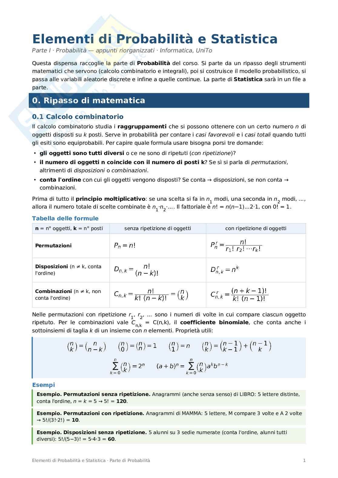 Appunti completi di Elementi di probabilità e statistica Pag. 1