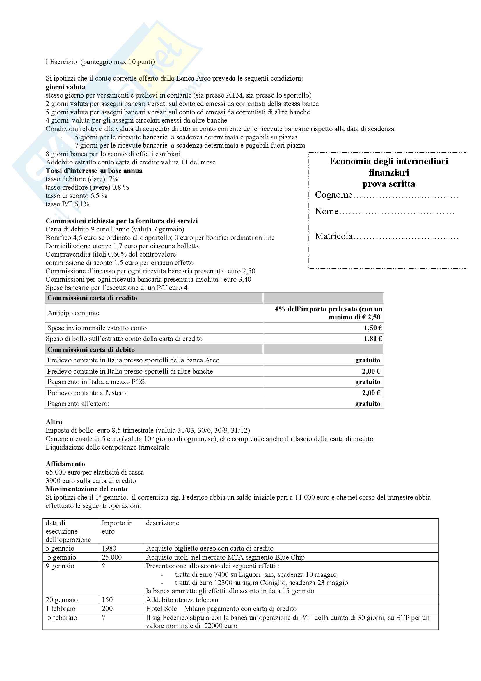 Economia degli intermediari finanziari - esercizi Pag. 1