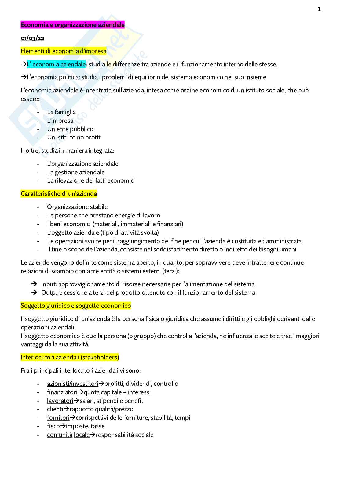 Appunti economia aziendale (contabilità ed classificazione d'imprese) Pag. 1