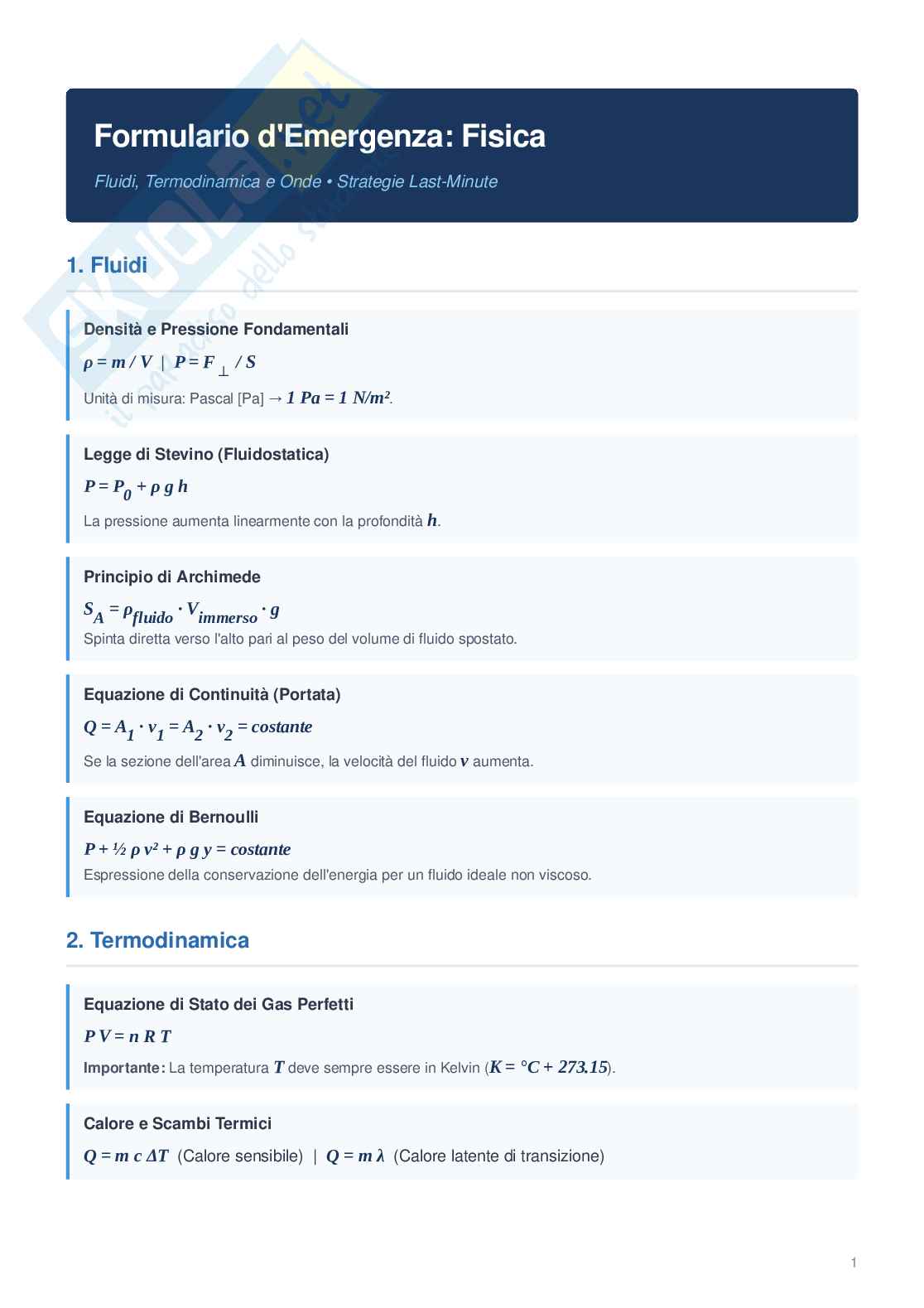 Formulario e Appunti di Fisica: fluidi, termodinamica, onde e gravitazione⁠ Pag. 1