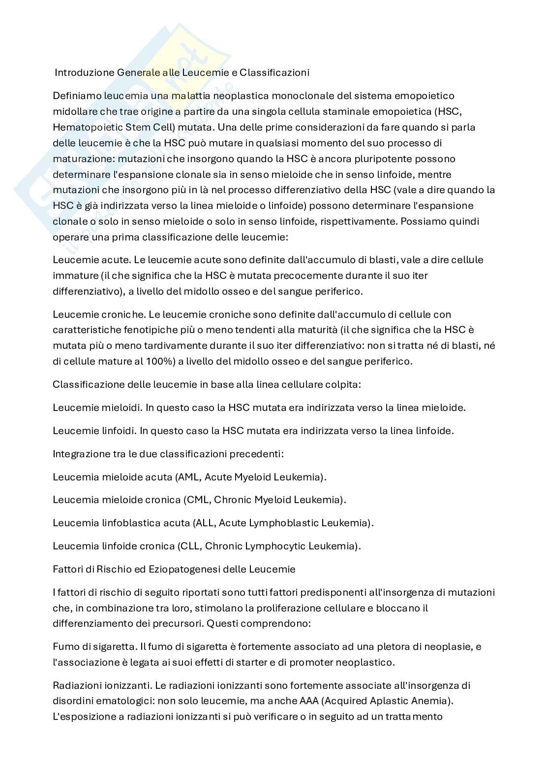 Classificazione e clinica delle leucemie acute e croniche Pag. 1