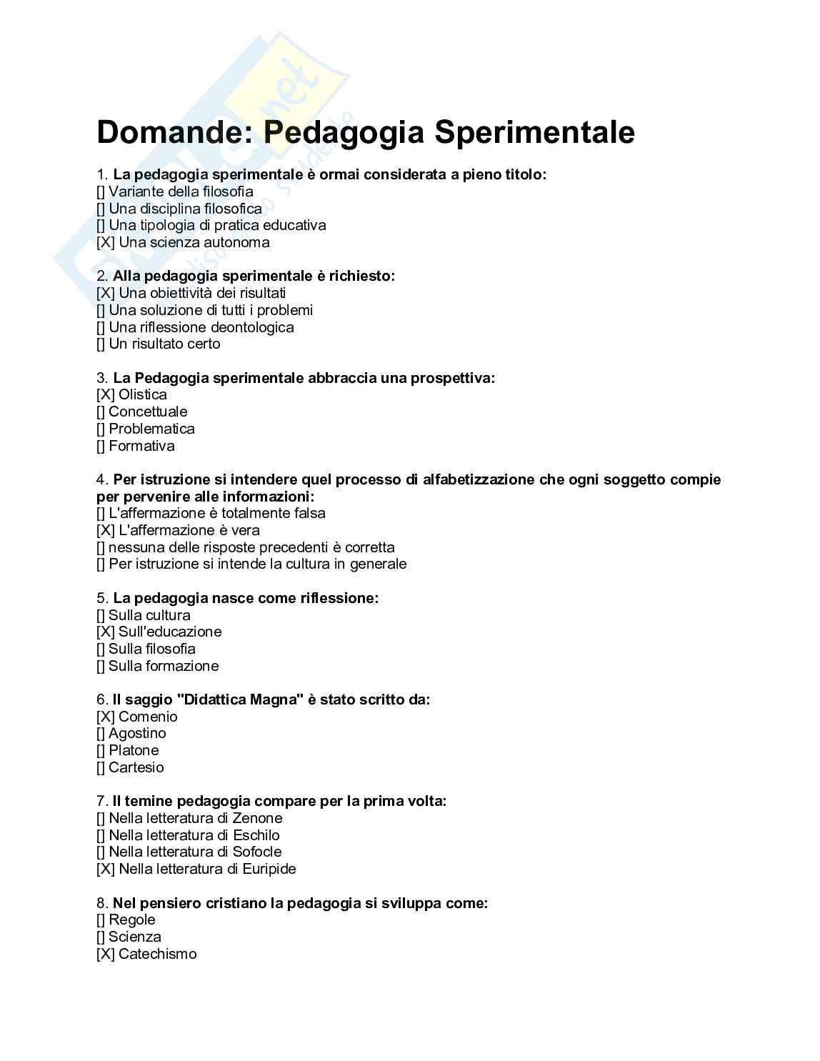 Paniere svolto esame Pedagogia sperimentale Pag. 1