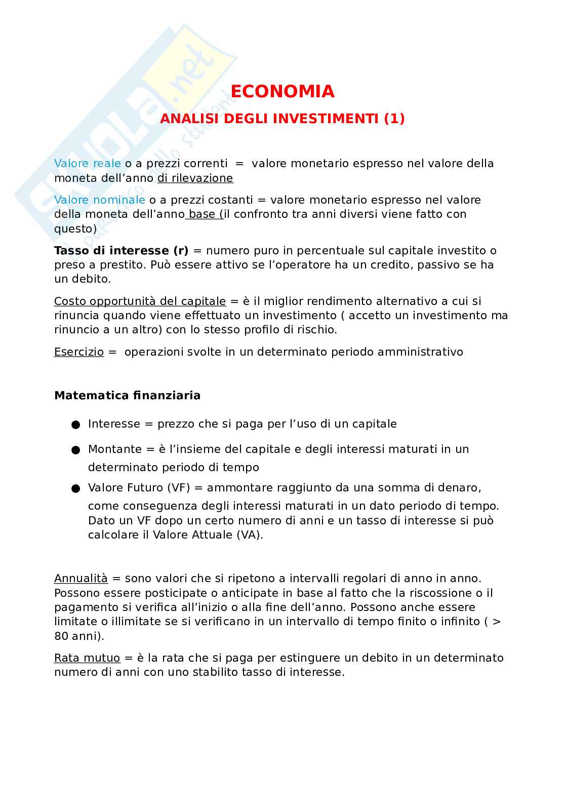  Appunti del corso di Economia applicata all'ingegneria Pag. 1