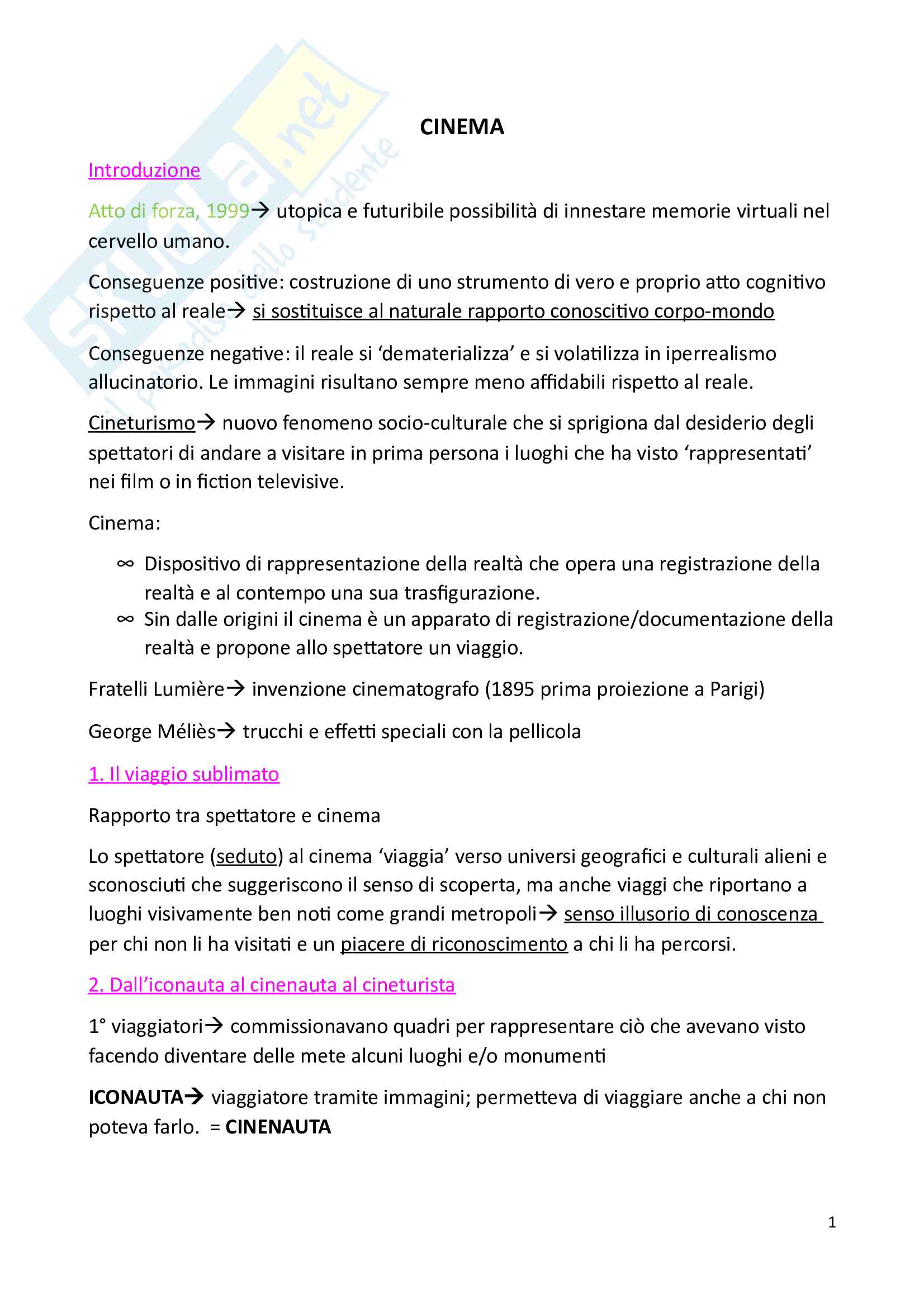 Riassunto esame cinema, libro consigliato Cinema Pag. 1