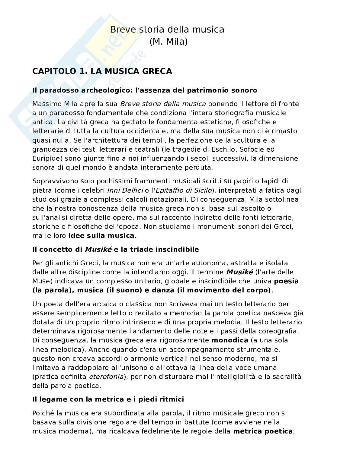 Riassunto esame Storia della musica, Prof. Pappalardo Matteo, libro consigliato Breve storia della musica, Mila Pag. 1