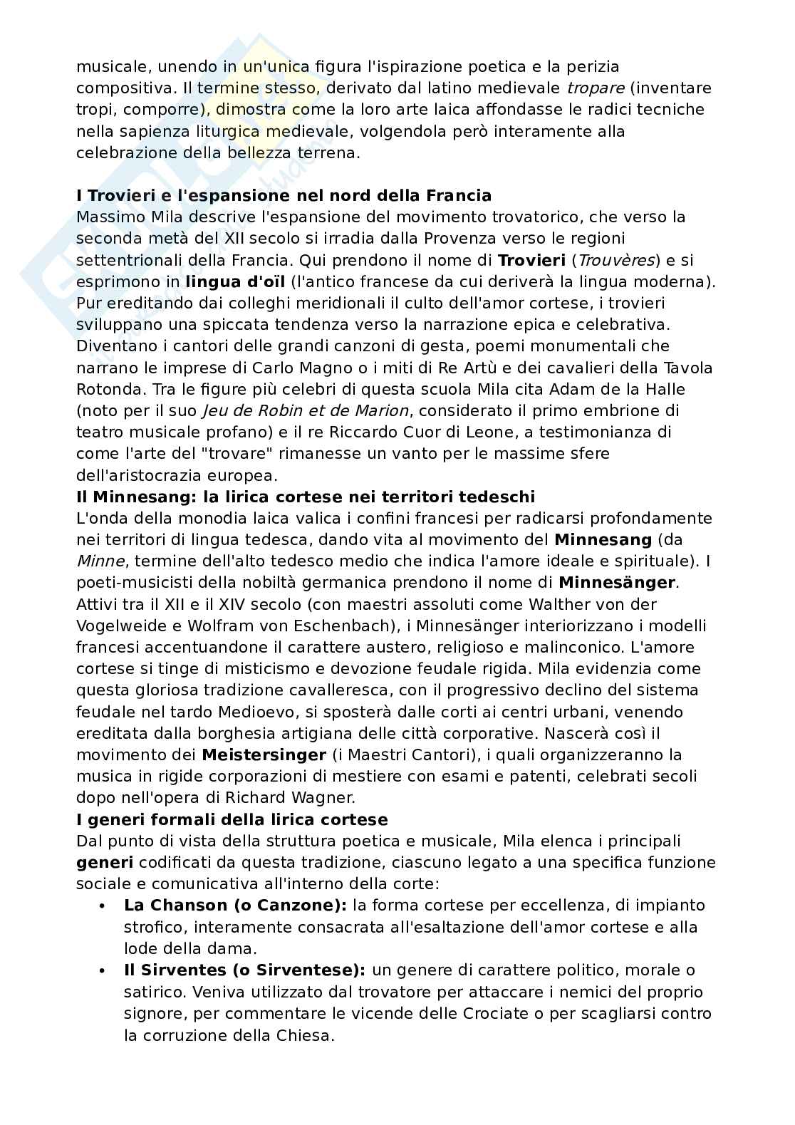 Riassunto esame Storia della musica, Prof. Pappalardo Matteo, libro consigliato Breve storia della musica, Mila Pag. 11