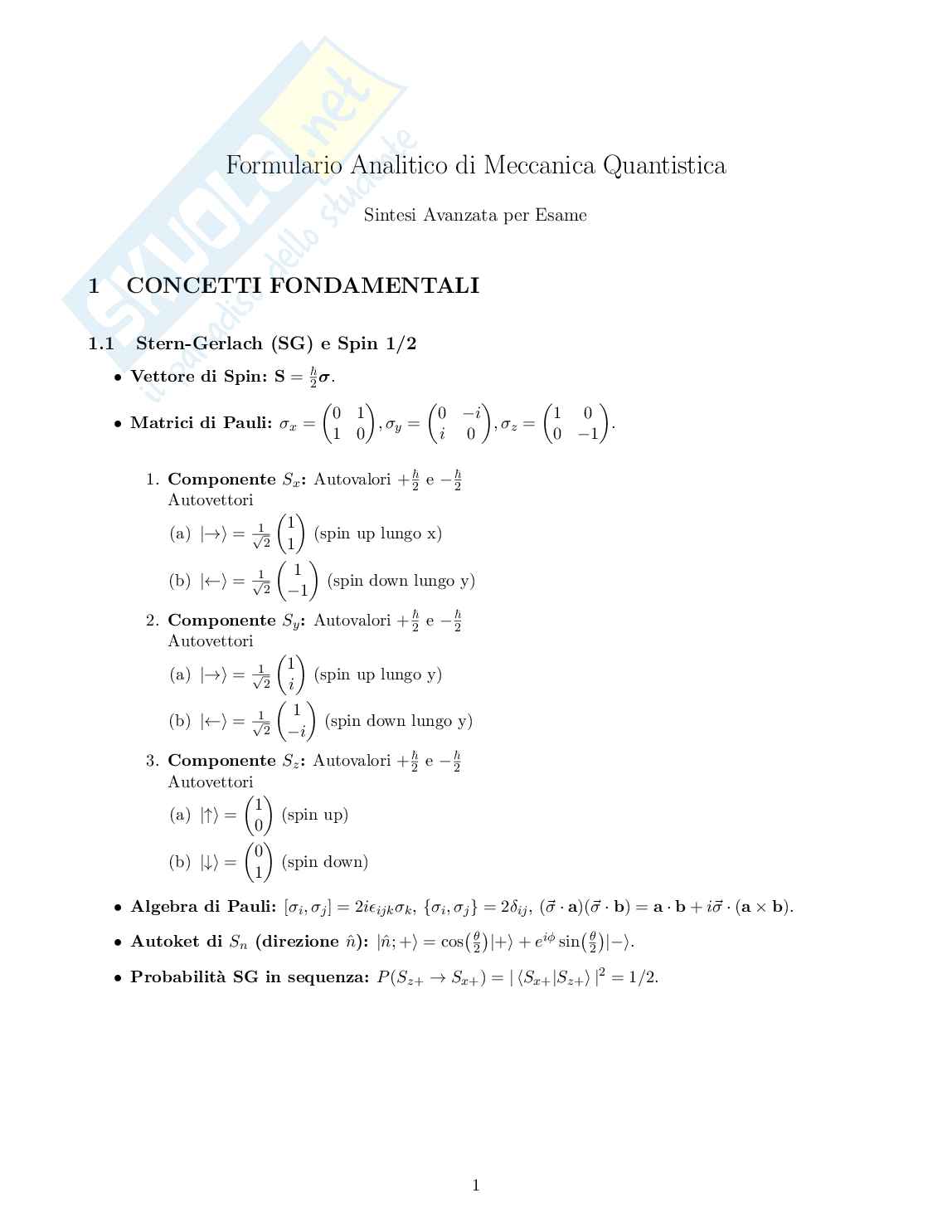 Formulario completo di Meccanica quantistica Pag. 1