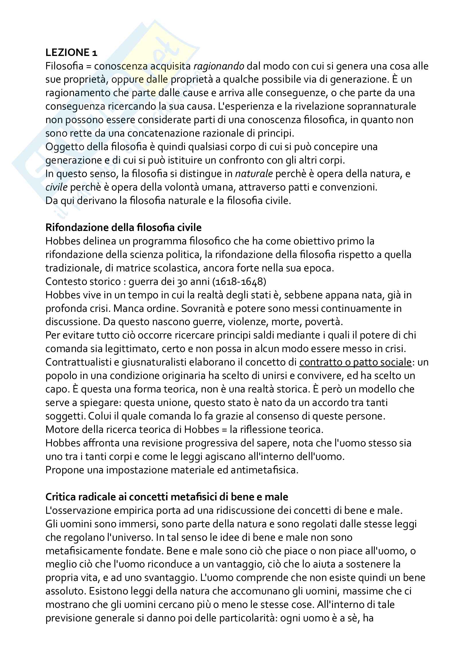 Riassunto esame di Filosofia del diritto 1, prof. Sabbatini, libro consigliato T. Hobbes - Leviatano e T. Hobbes - De Cive Pag. 1