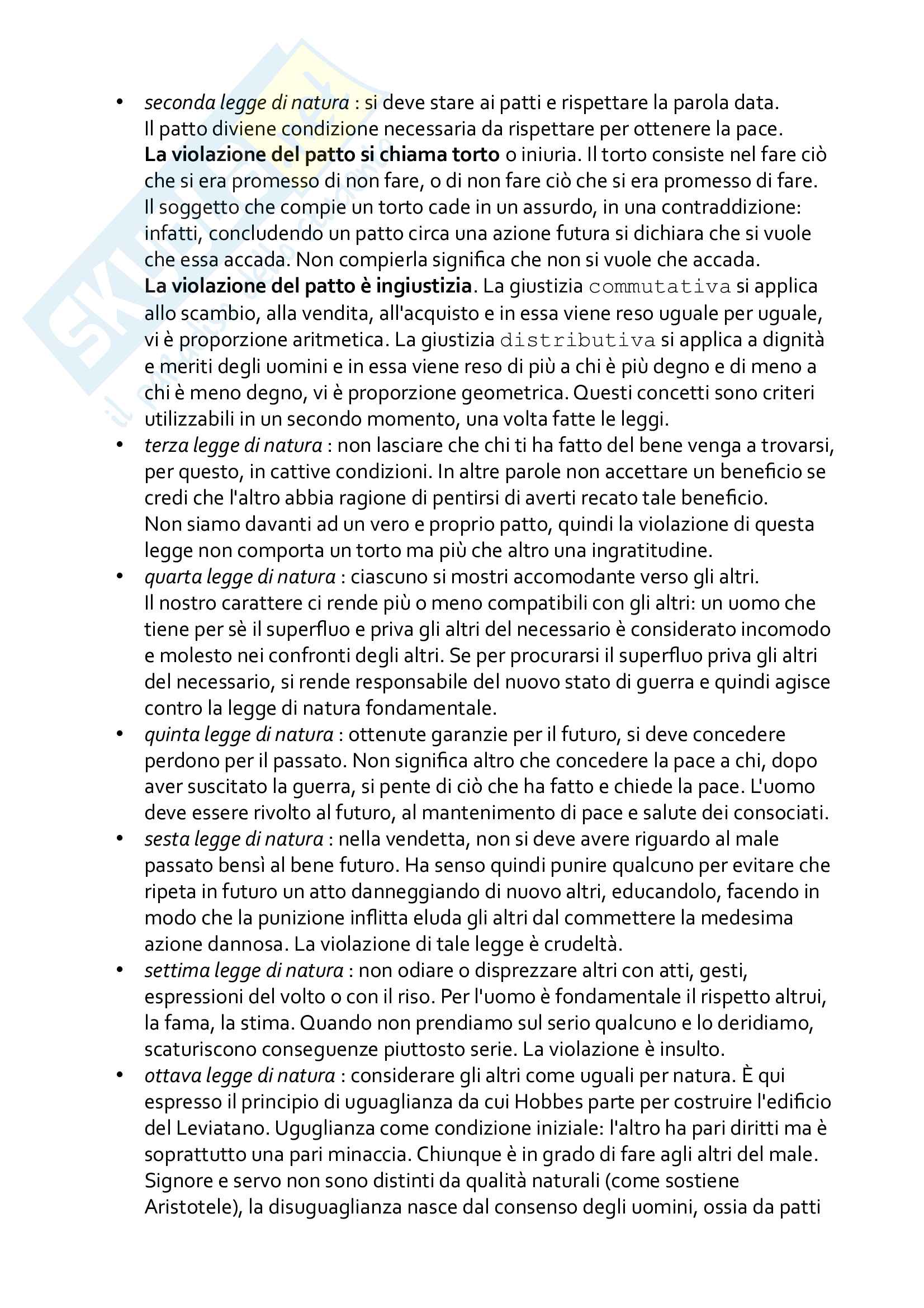 Riassunto esame di Filosofia del diritto 1, prof. Sabbatini, libro consigliato T. Hobbes - Leviatano e T. Hobbes - De Cive Pag. 11