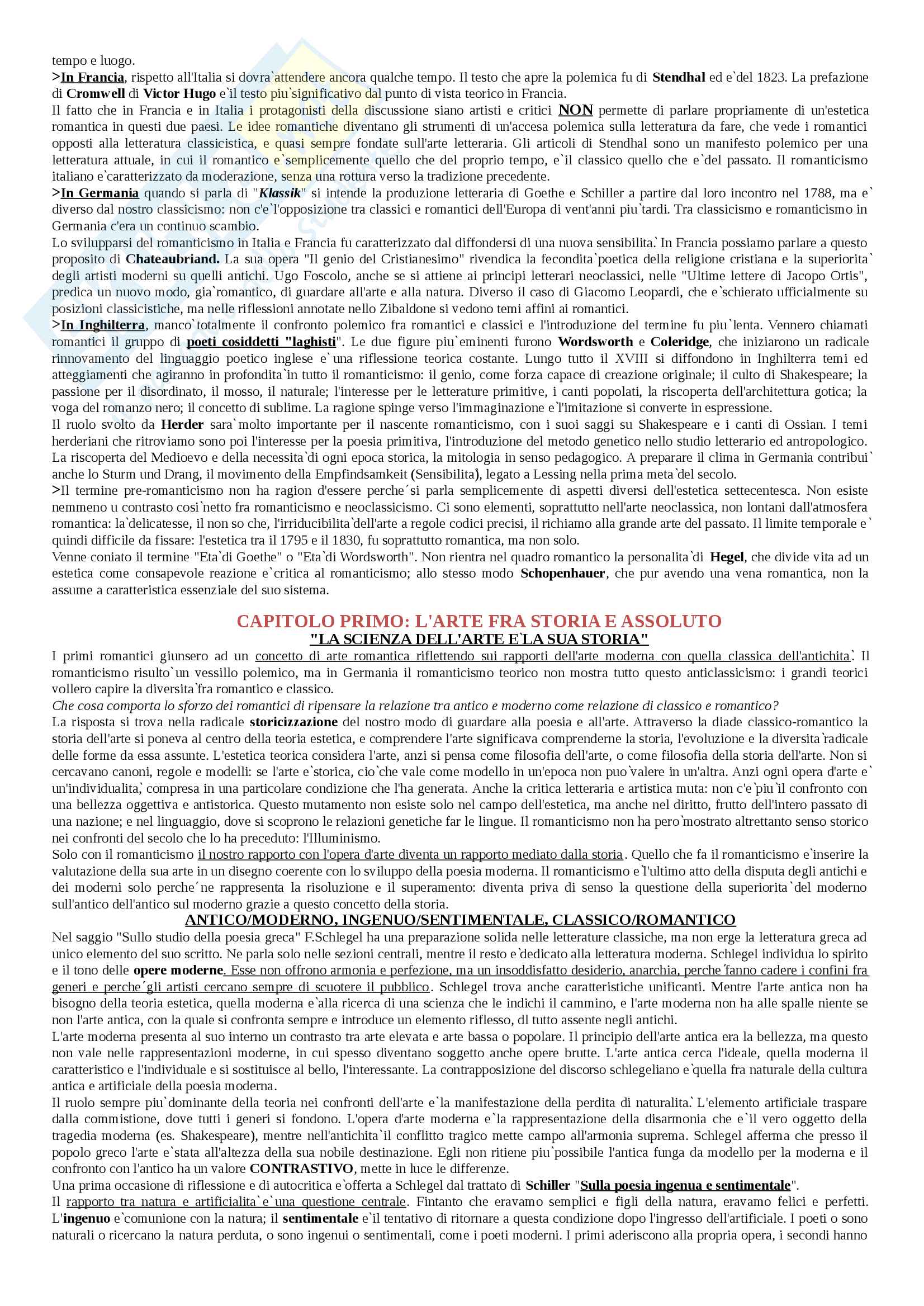 Riassunto esame di estetica, prof. Lacchin. Libro consigliato L'estetica del romanticismo, di Paolo D'angelo Pag. 2