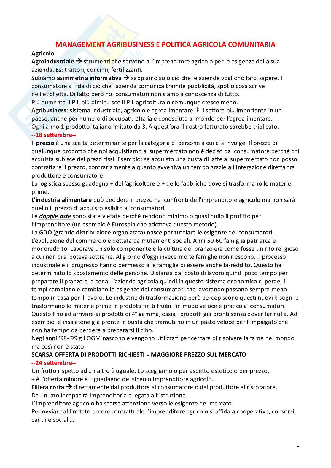 Riassunto esame Management dell'agribusiness e politica agricola comunitaria, Prof. Giannetto Carlo, libro consigliato Corso di economia agraria, Maurizio Lanfranchi Pag. 1
