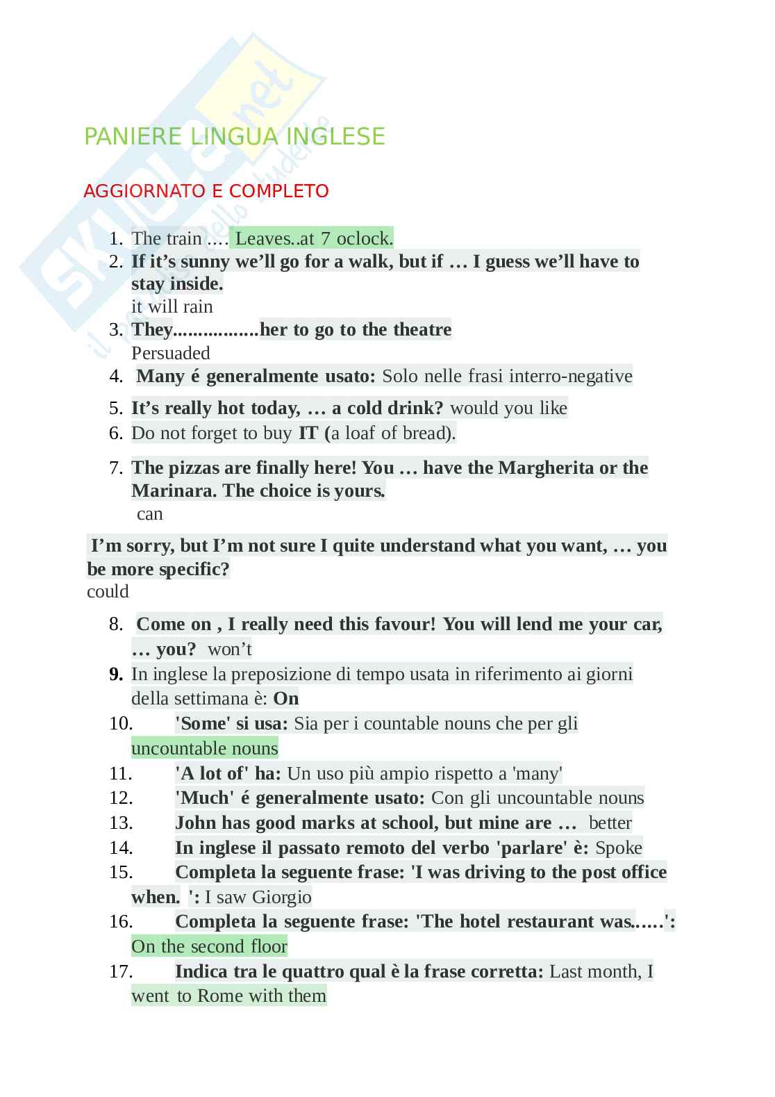 Paniere completo Lingua inglese – domande e risposte per l’esame Pag. 1