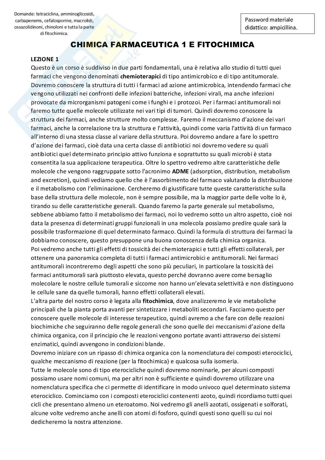 Riassunto esame Chimica farmaceutica 1 e fitochimica, Prof. Cottiglia Filippo, libro consigliato Principi di chimica farmaceutica , Lemke, Williams Pag. 1