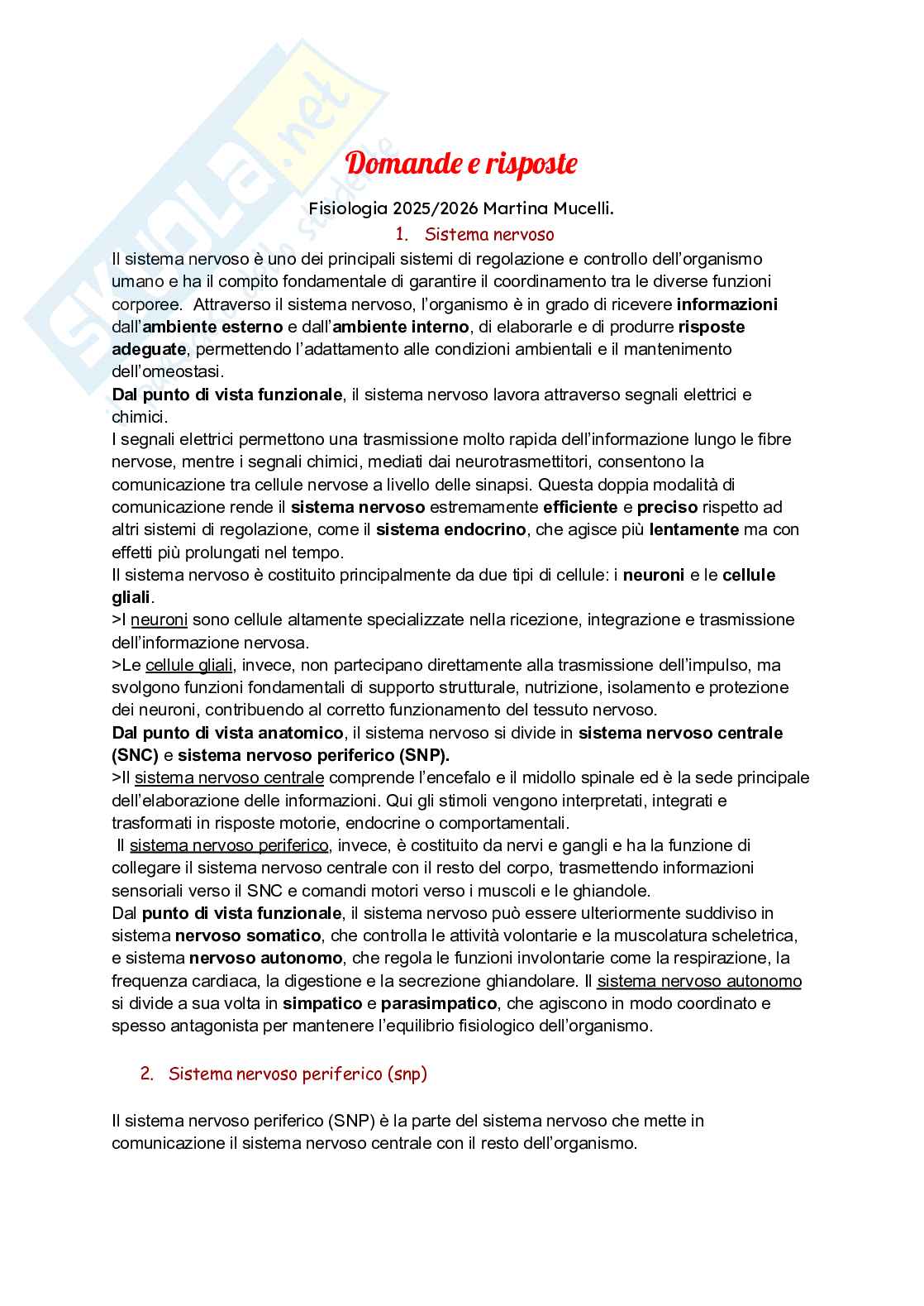 Domande e risposte Fondamenti di fisiologia Pag. 1