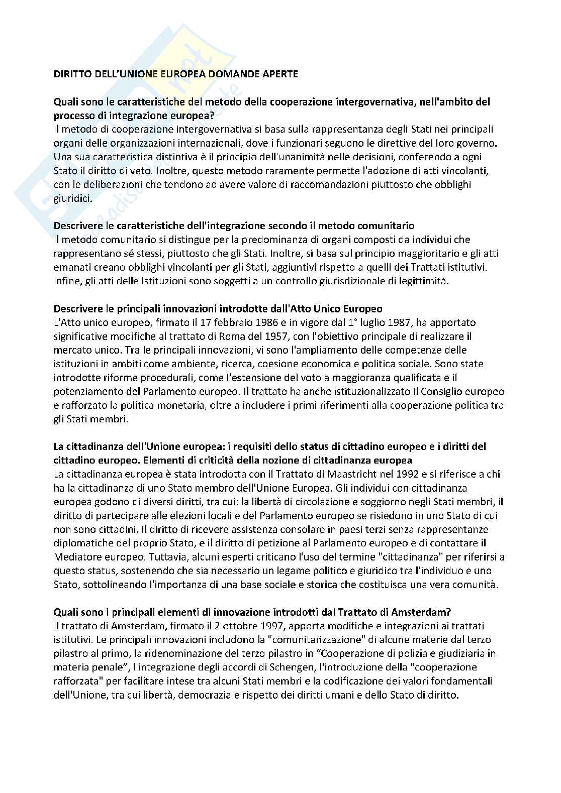 Diritto dell'Unione Europea - Domande aperte Pag. 1