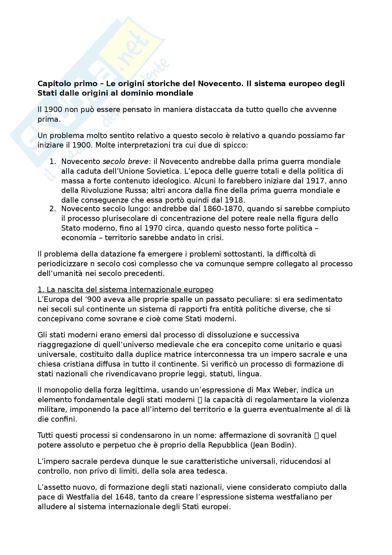 Riassunto esame Storia contemporanea, prof. Formigoni, libro consigliato La politica internazionale del Novecento Pag. 1