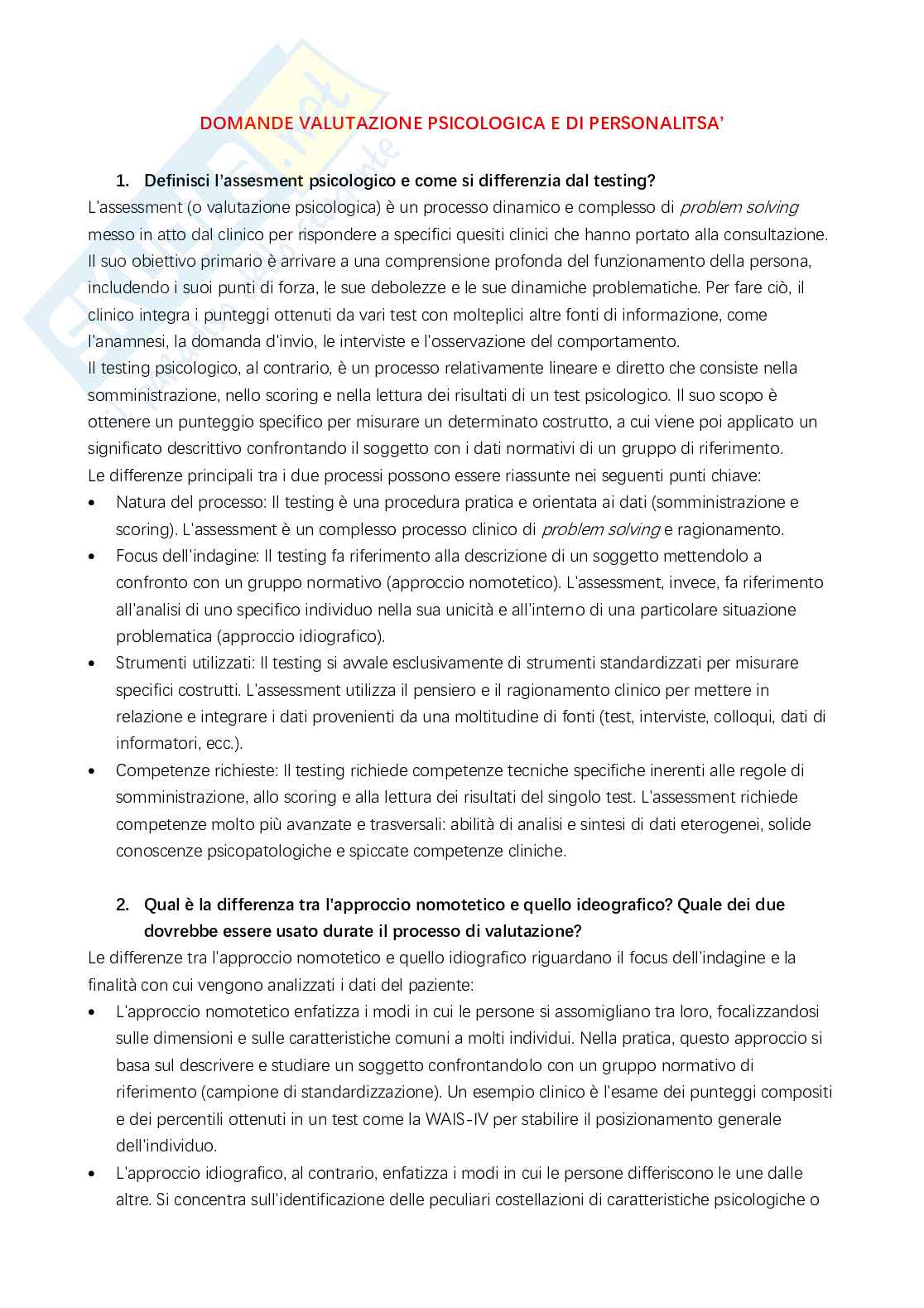 Domande esame di Valutazione psicologica e di personalità  Pag. 1