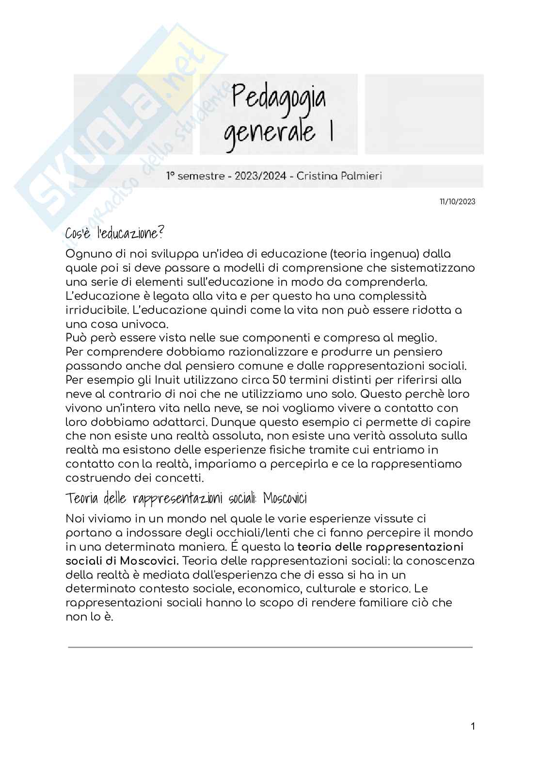 Pedagogia generale I - 2023/2024 Pag. 1