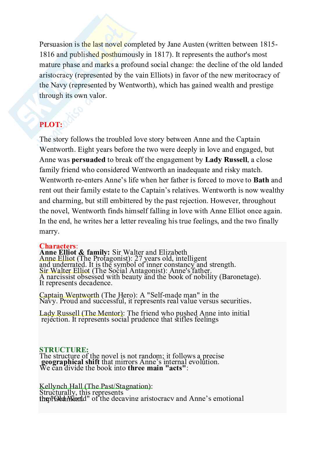 Riassunto esame Letteratura inglese, Prof. Angeletti Gioia, libro consigliato Persuasion, Austen Pag. 1