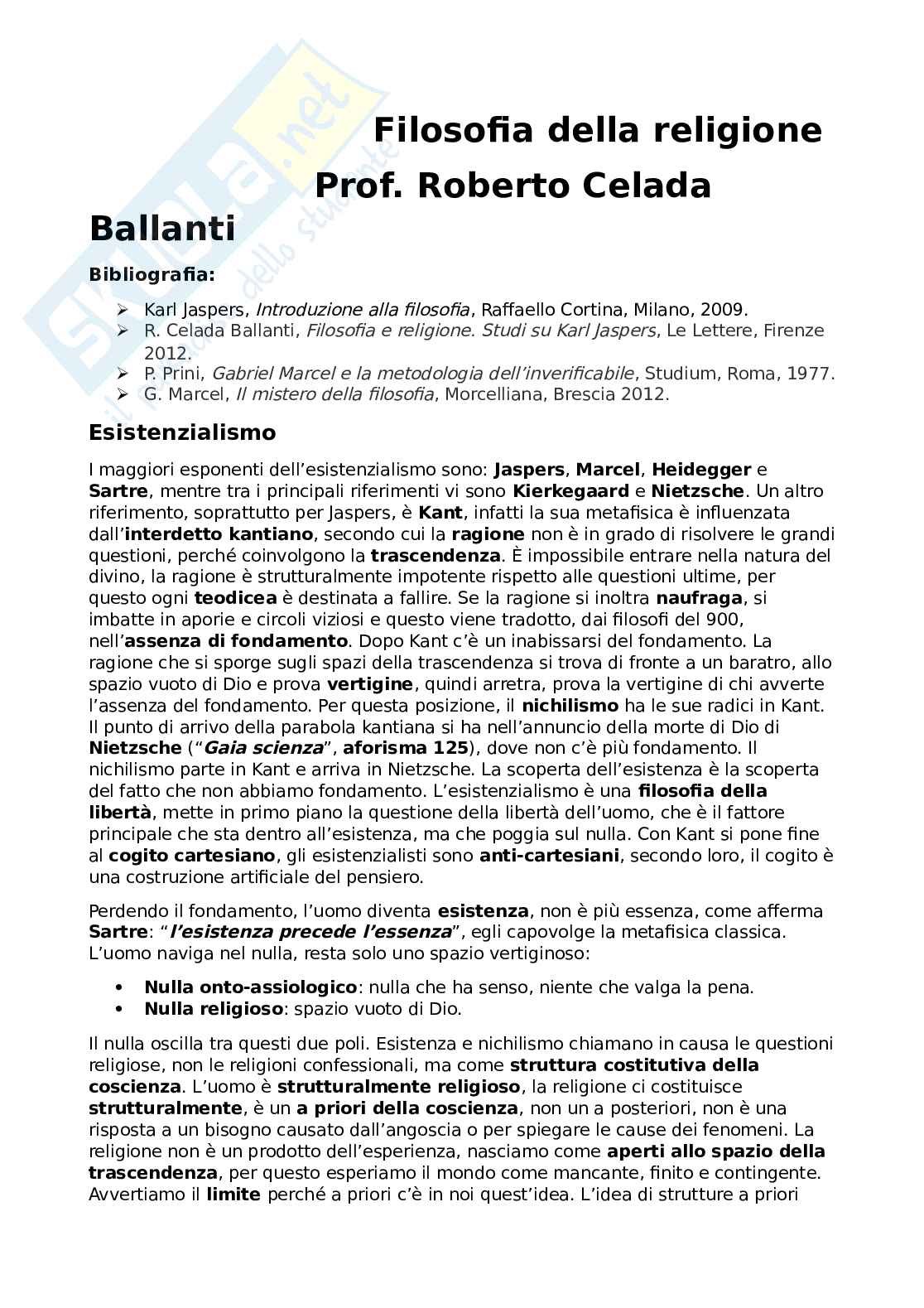 Appunti di filosofia della religione Pag. 1