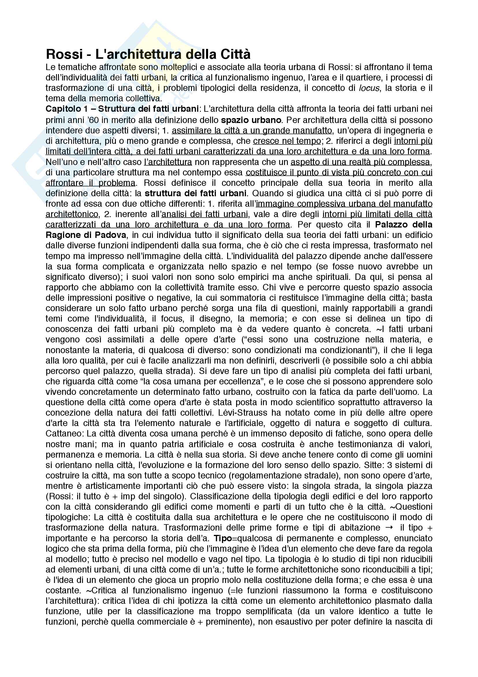 Riassunto esame Storia dell’Arte, prof. Contessi, libro consigliato L'architettura della Città, Rossi Pag. 1
