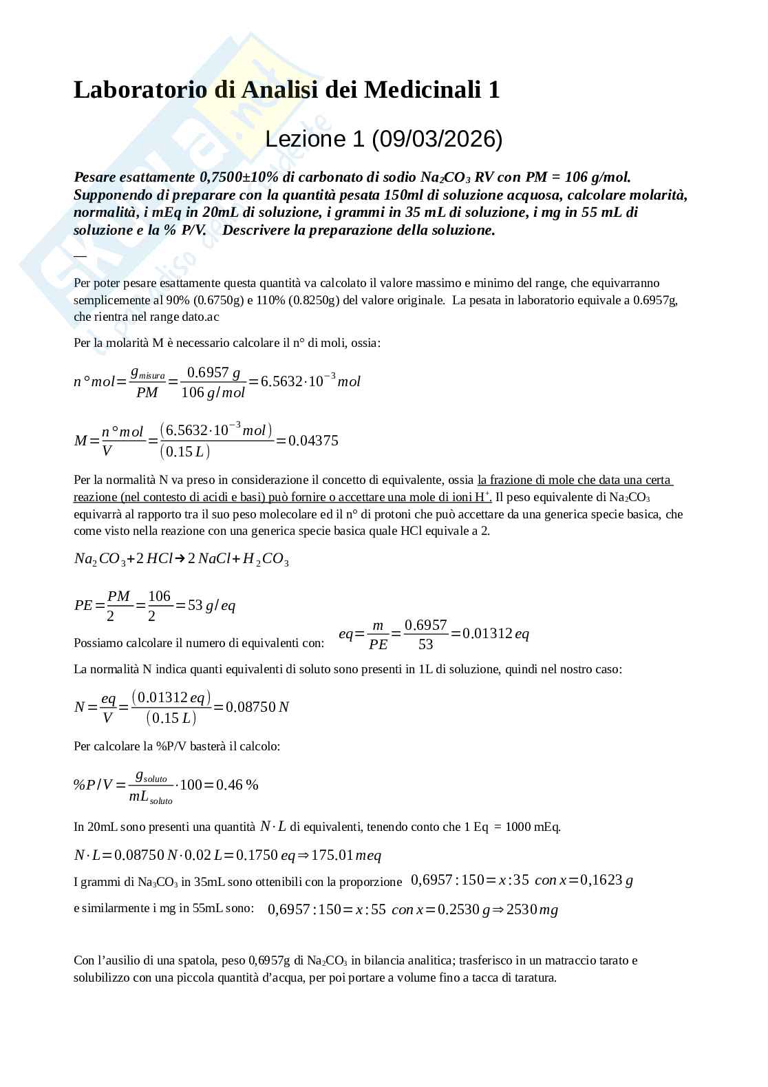 Esercizi di Laboratorio di Analisi dei medicinali 1 Pag. 1