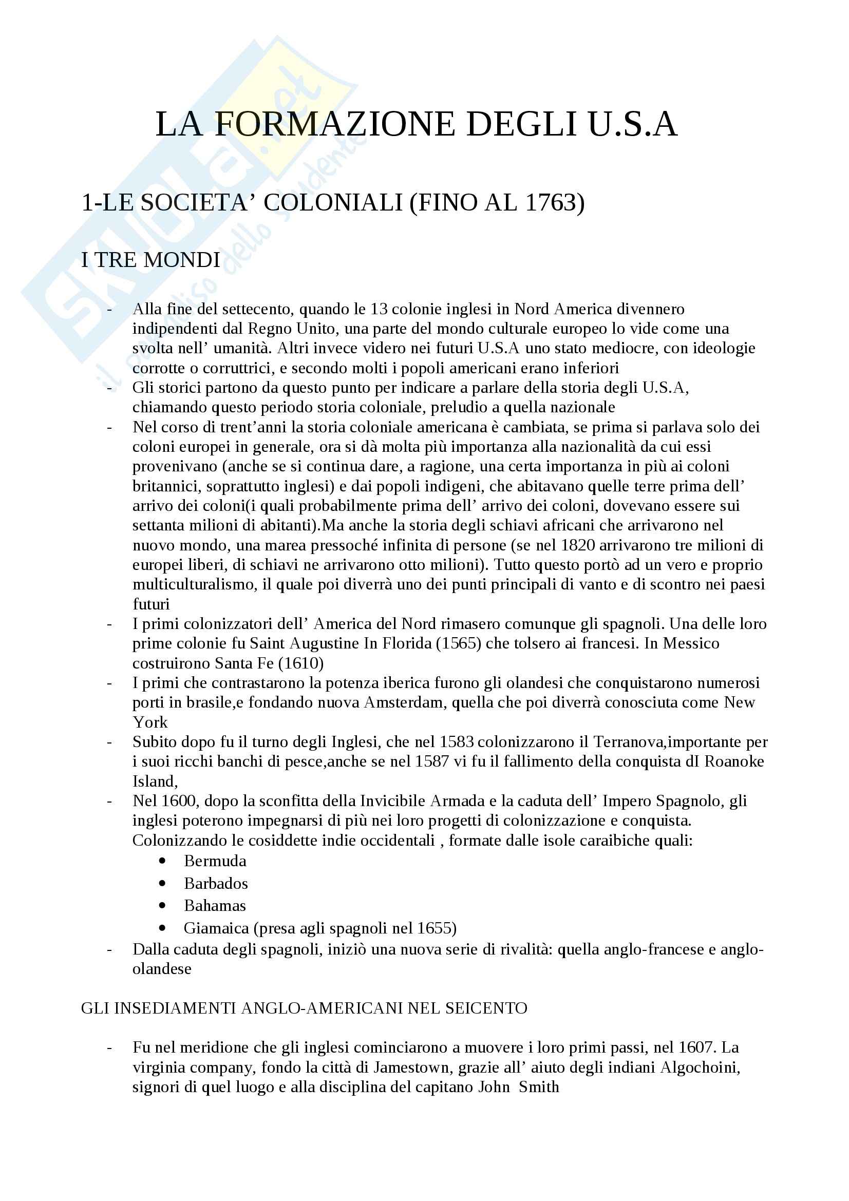 Storia contemporanea - formazione degli Stati Uniti Pag. 1
