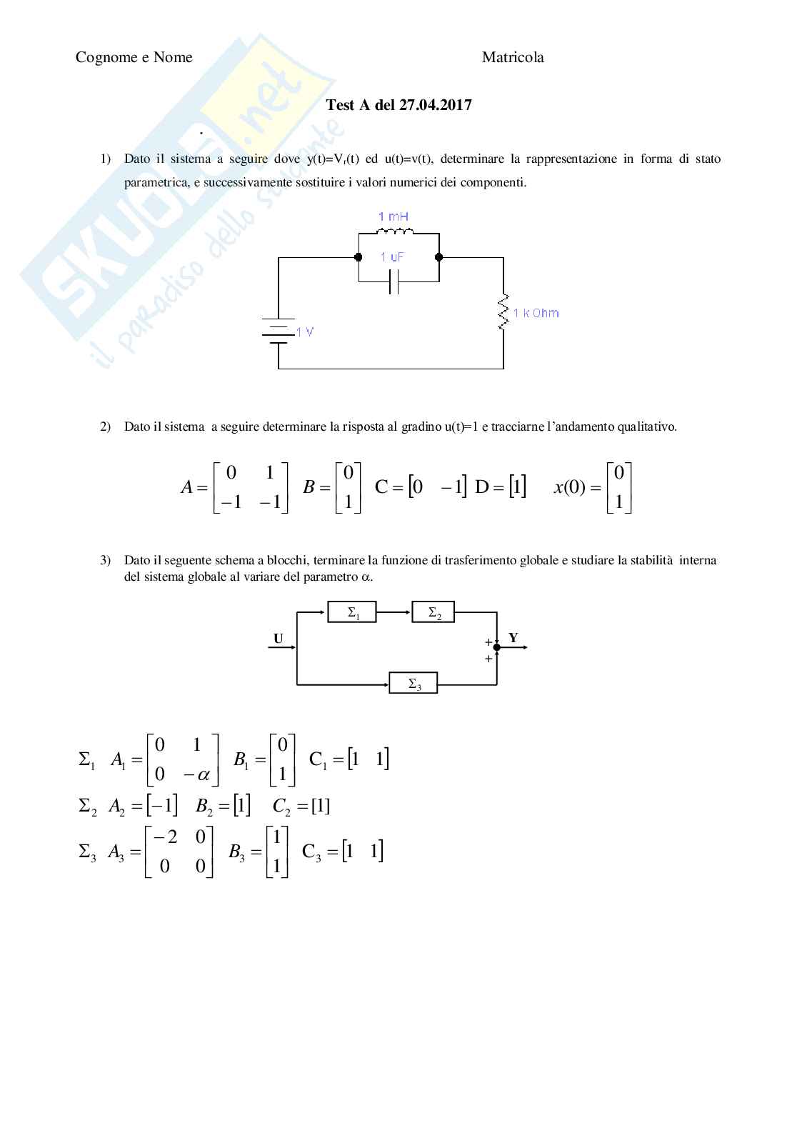 Compiti d'esame svolti Teoria dei sistemi - Parte 1 Pag. 1
