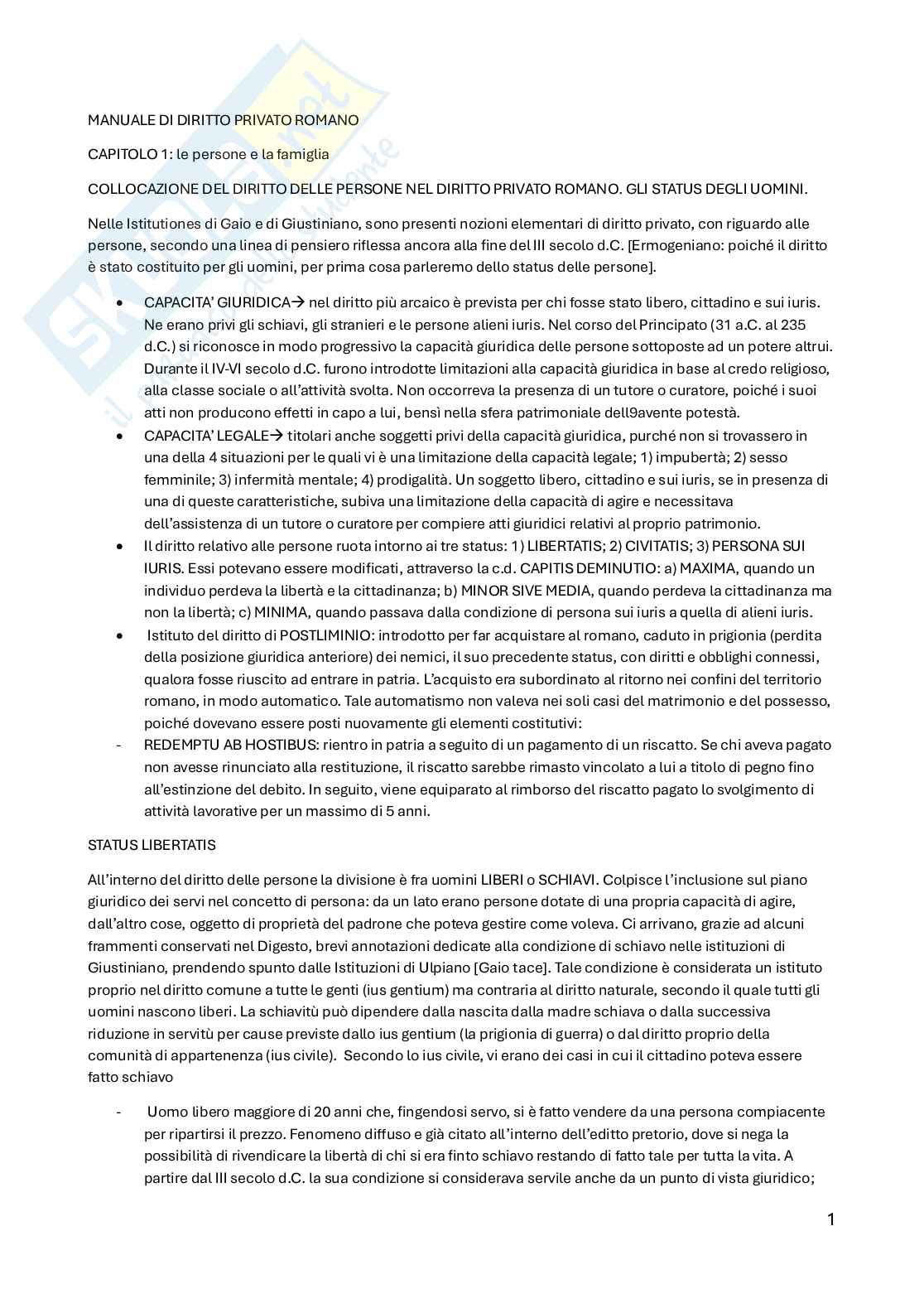 Riassunto esame Istituzioni di diritto romano, Prof. Cassarino Alessandro, libro consigliato Manuale di diritto diritto privato romano, Petrucci Pag. 1