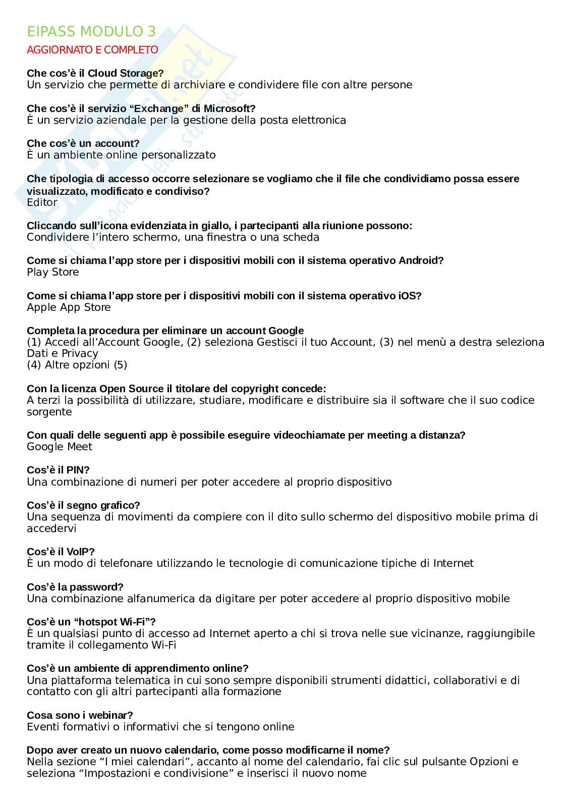 Eipass Modulo 3: fondamenti di Cloud Storage e tecnologie online (comunicare e collaborare in Rete) + domande inedite Pag. 1