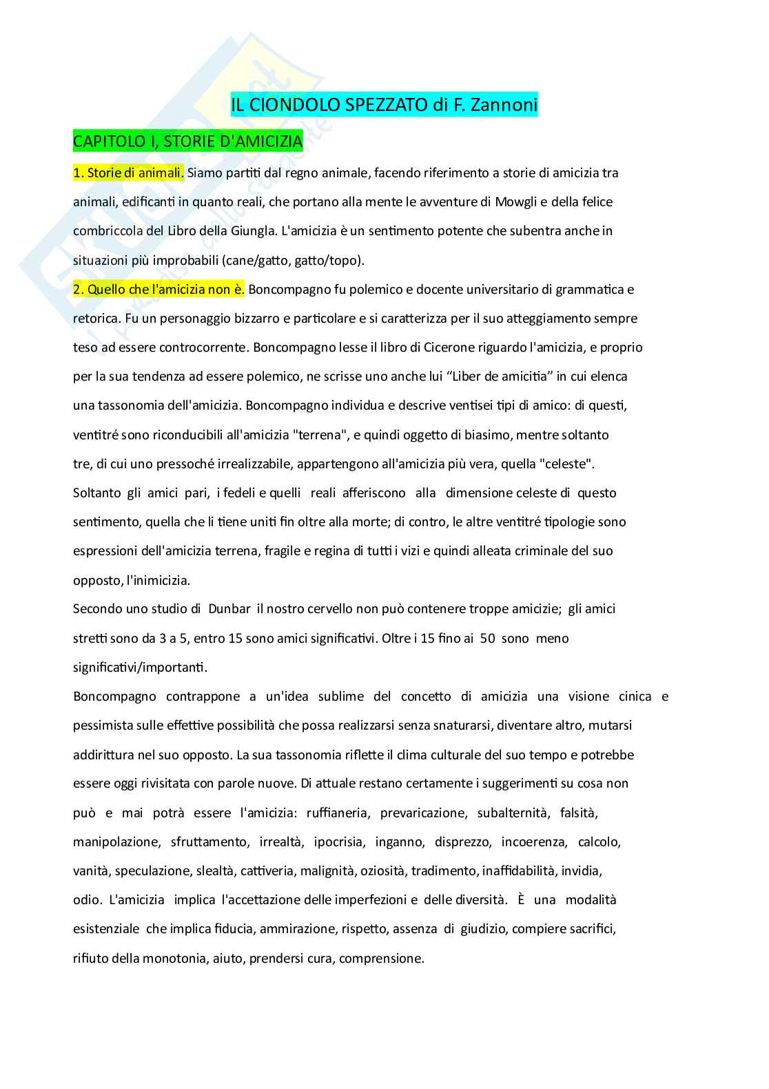 Riassunto esame Pedagogia generale e sociale , Prof. Iannone Anna, libro consigliato Il ciondolo spezzato , Zannoni  Pag. 1