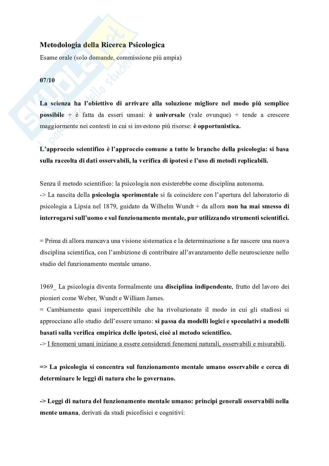 Metodologia della ricerca psicologica  Pag. 1