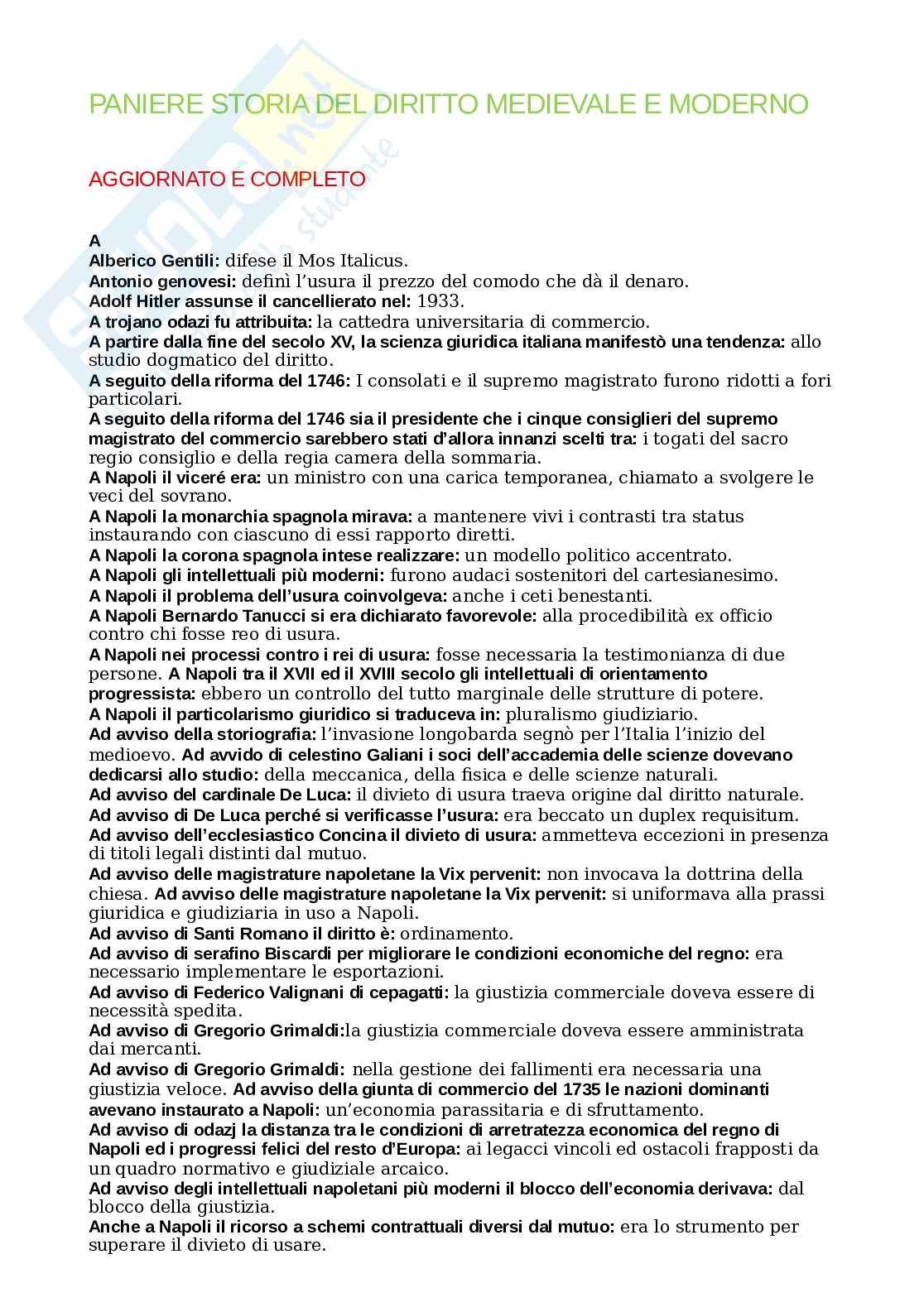 Paniere Storia del diritto medievale e moderno, Aggiornato e completo. In ordine  Pag. 1