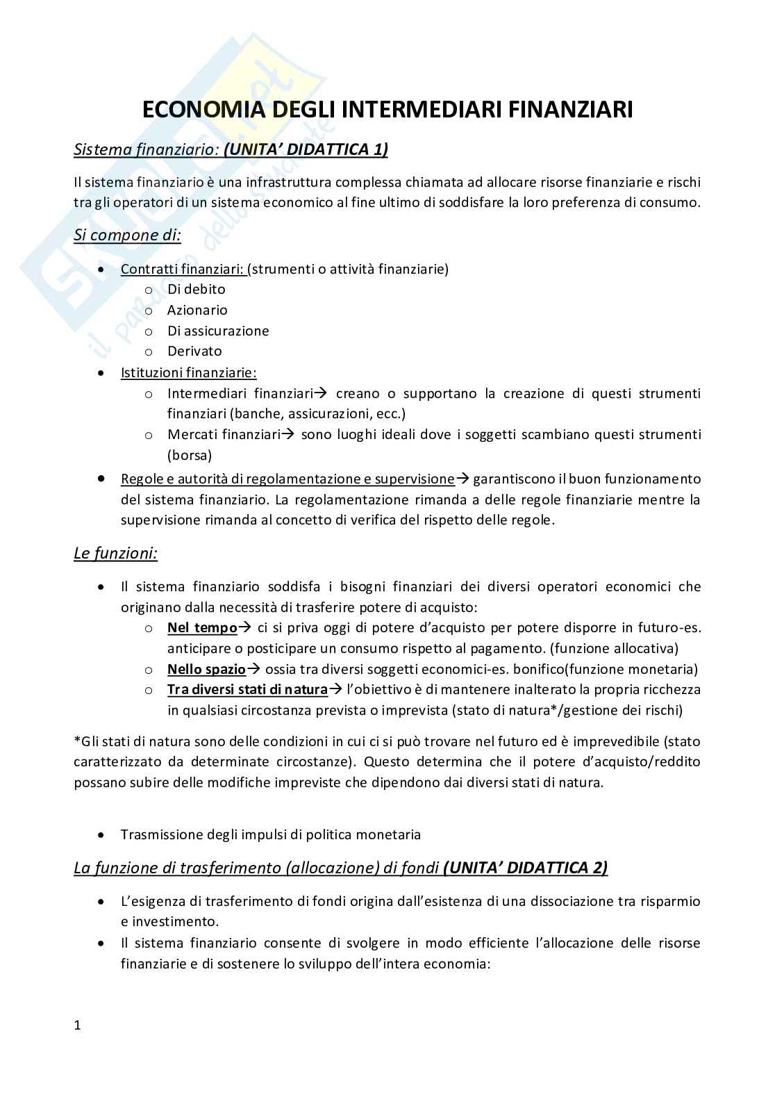 Appunti Economia degli intermediati finanziari Pag. 1