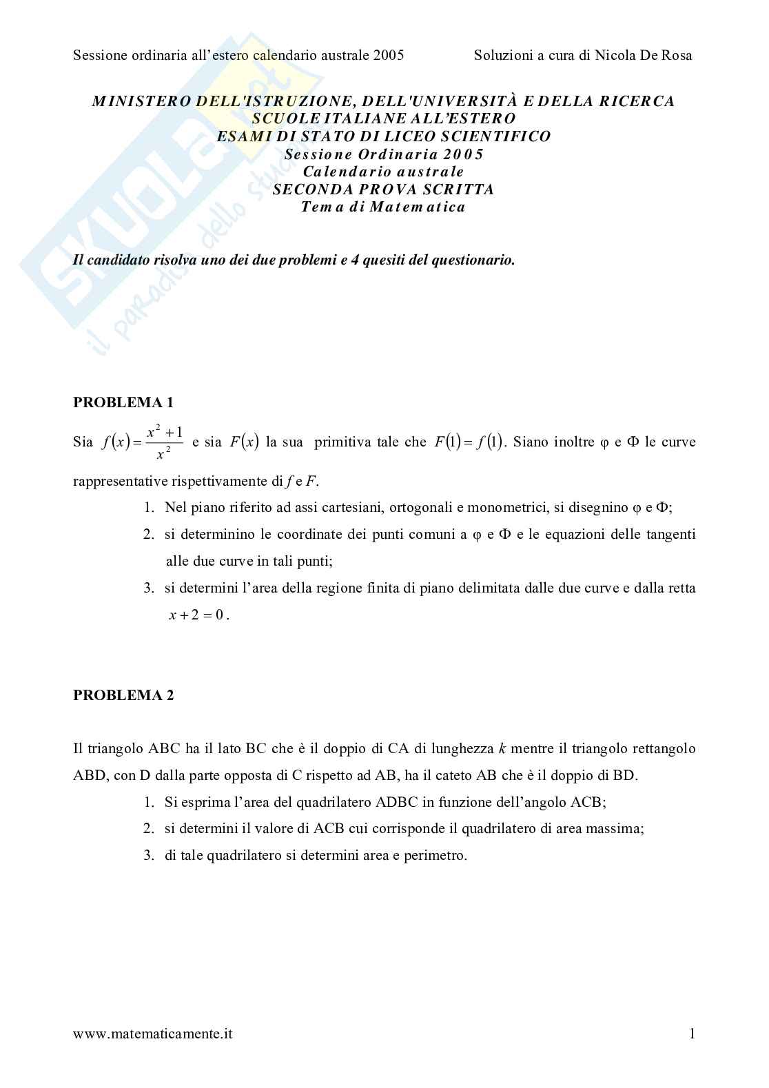 2005 - liceo scientifico, sessione ordinaria, scuole italiane all'estero, calendario australe Pag. 1