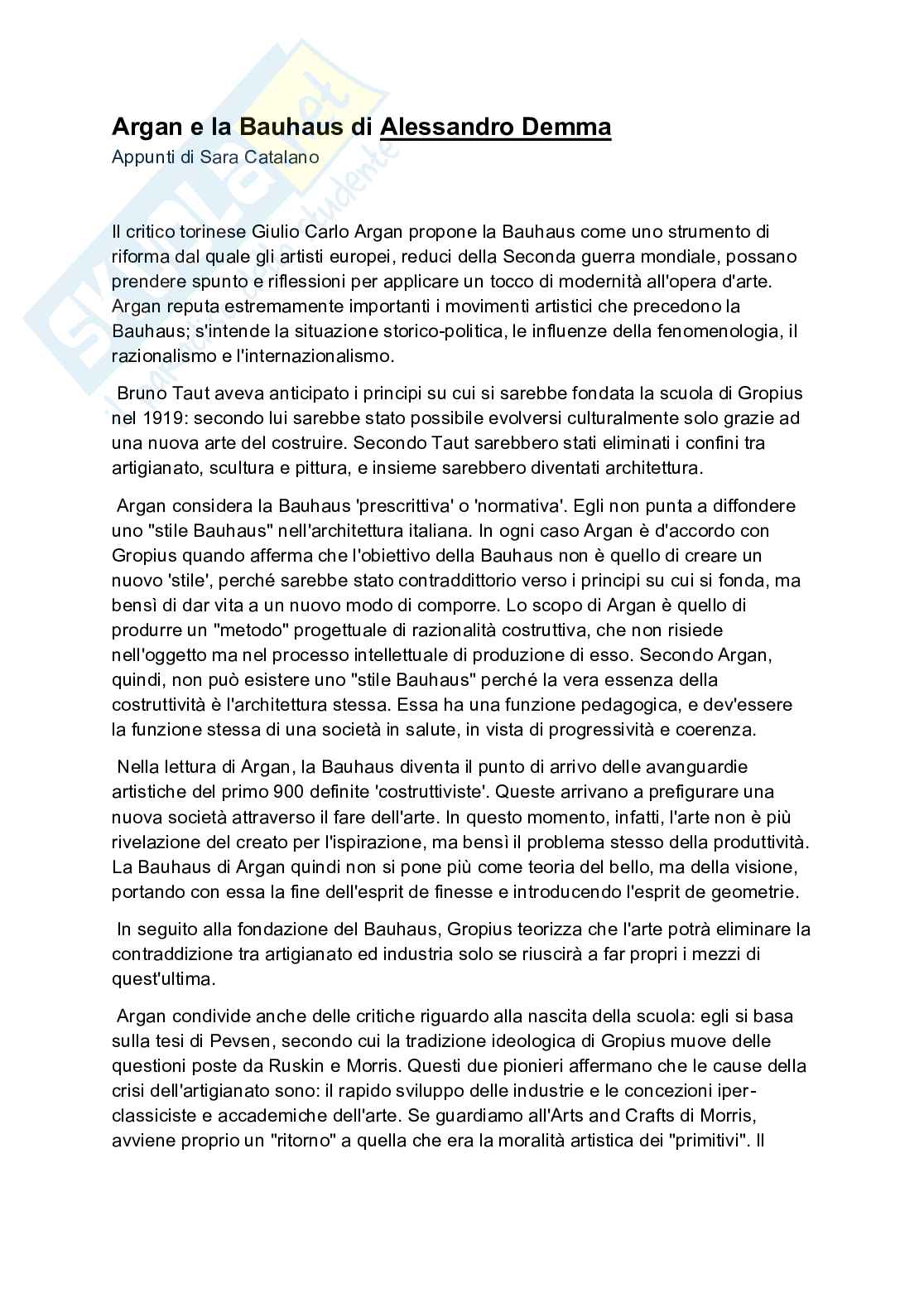 Argan e la Bauhaus - Appunti esame Pag. 1