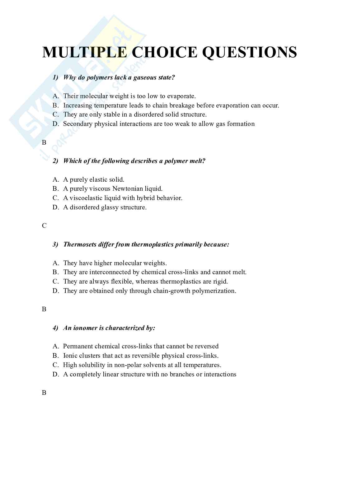 Polymer processing and recycling - Domande aperte e a risposta multipla per l'esame Pag. 1