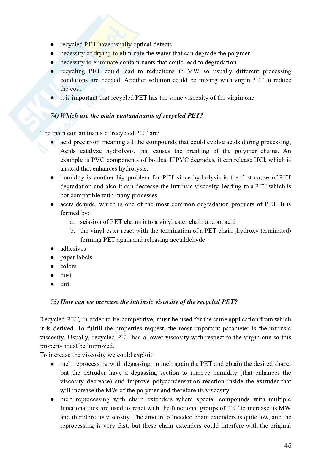 Polymer processing and recycling - Domande aperte e a risposta multipla per l'esame Pag. 46
