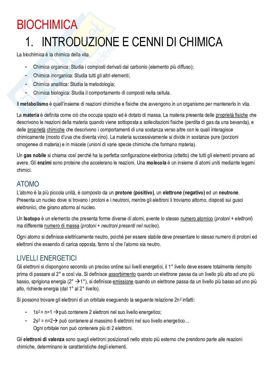 Biochimica - Cenni di chimica e metabolismi Pag. 1