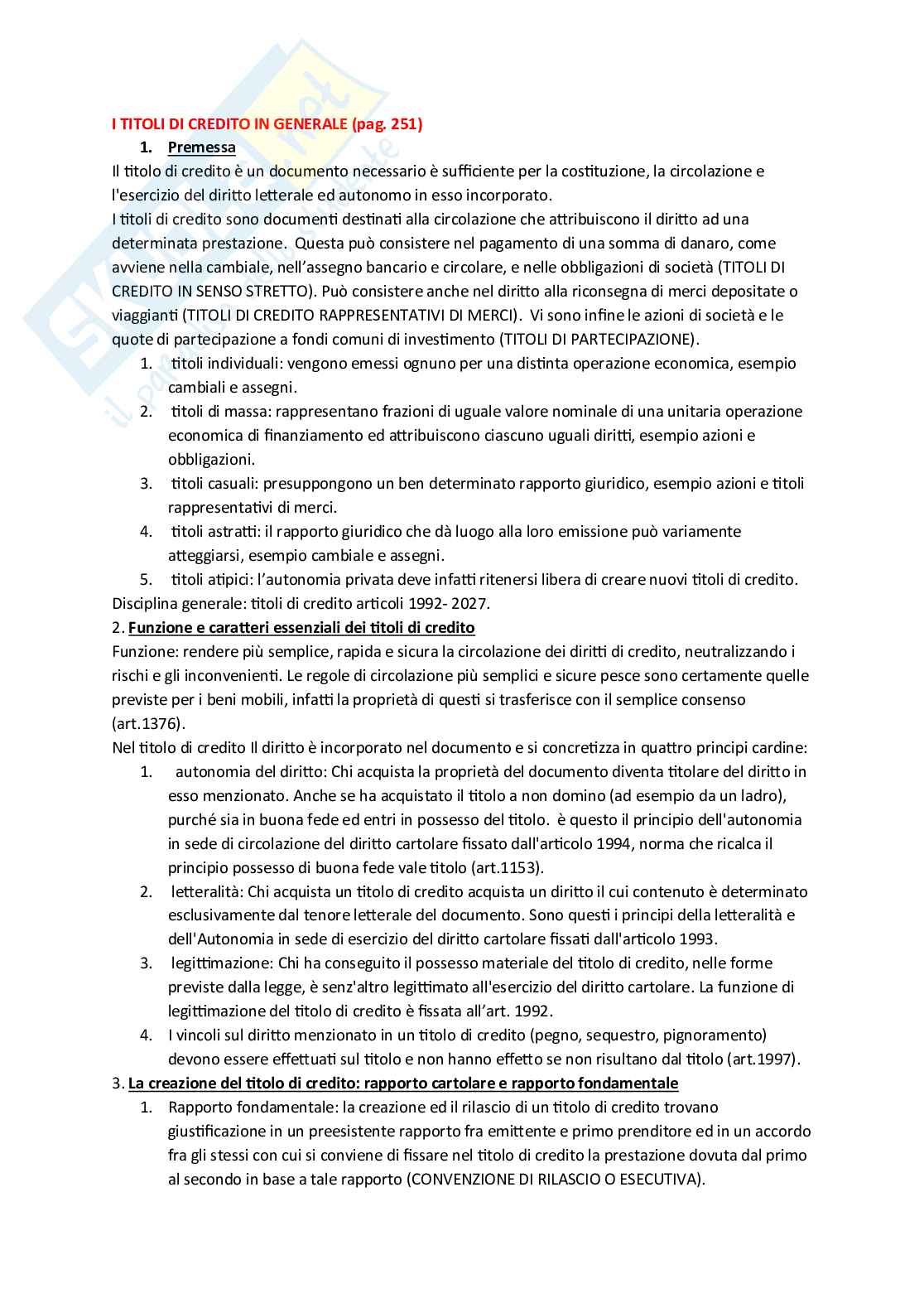 Riassunto esame Diritto commerciale, Prof. Righini Elisabetta, libro consigliato Titoli di credito e procedure concorsuali, Campobasso Pag. 1