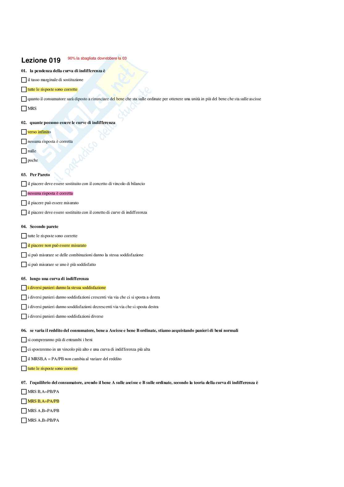 Paniere verificato e svolto di Economia politica - Risposte multiple Pag. 31