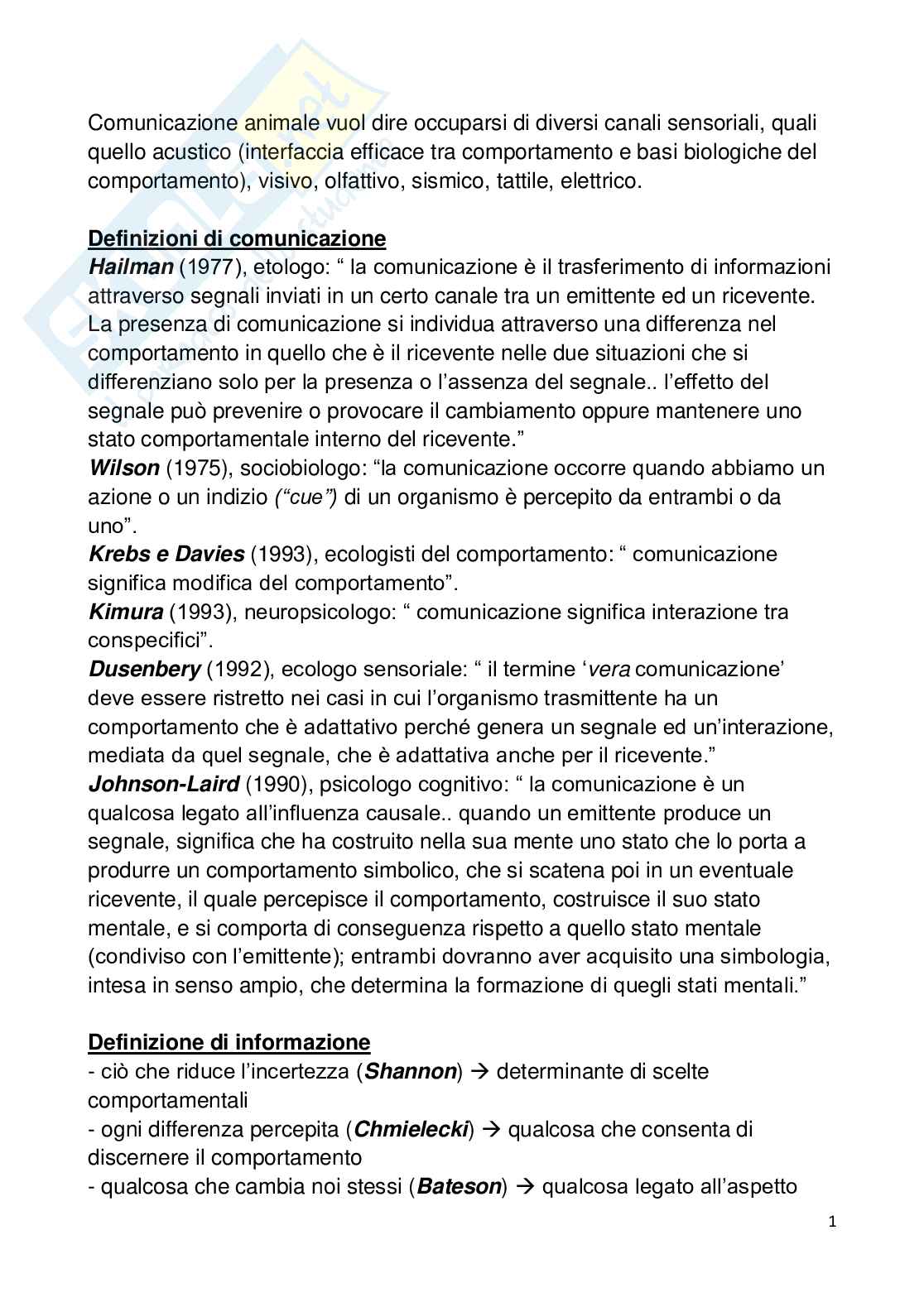 Appunti esame Comunicazione animale Pag. 1