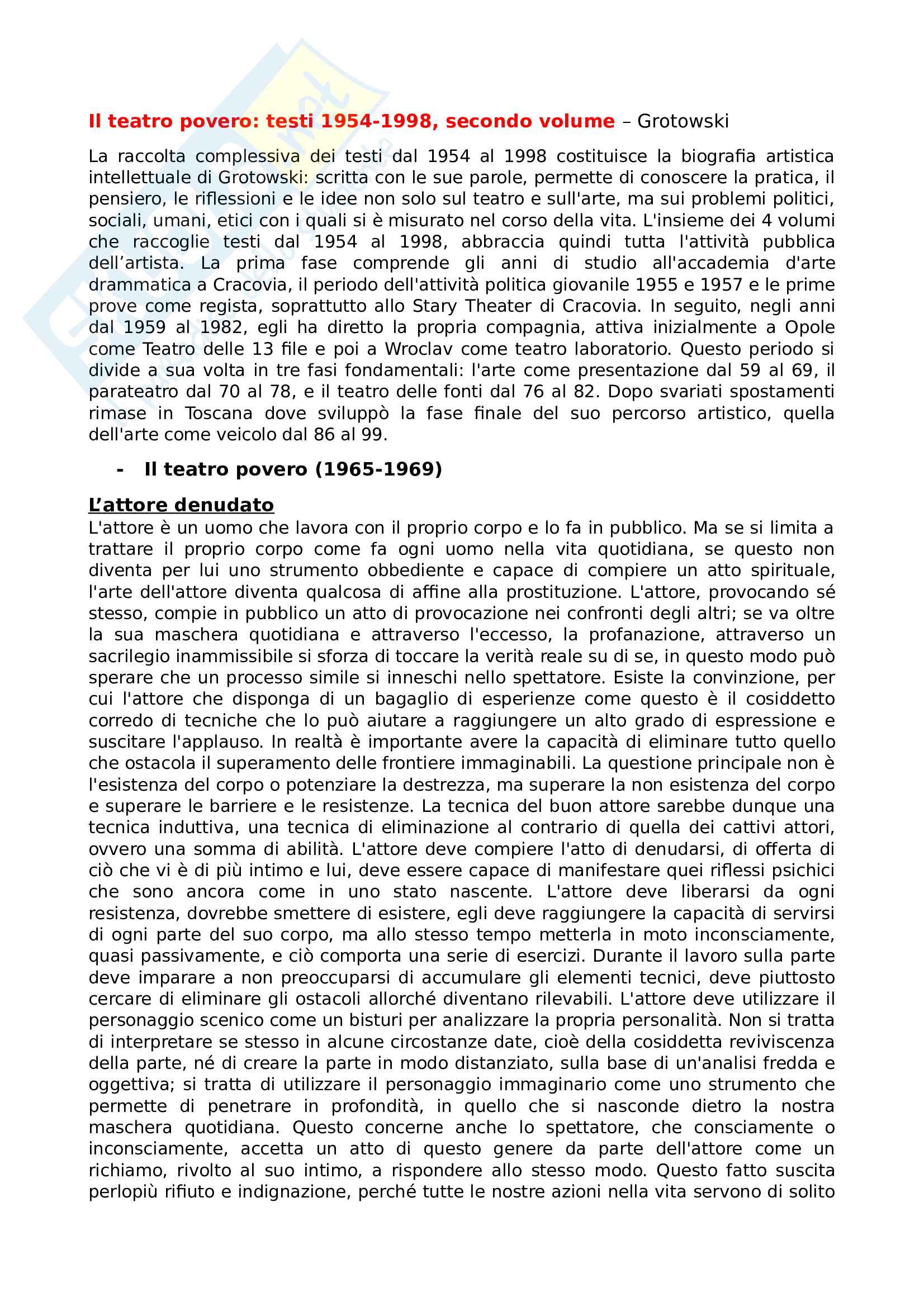 Riassunto esame Teatro, spettacolo, performance, prof. Guarino, libro consigliato Il teatro povero,Testi 1954-1998, volume 2, Grotowski Pag. 1
