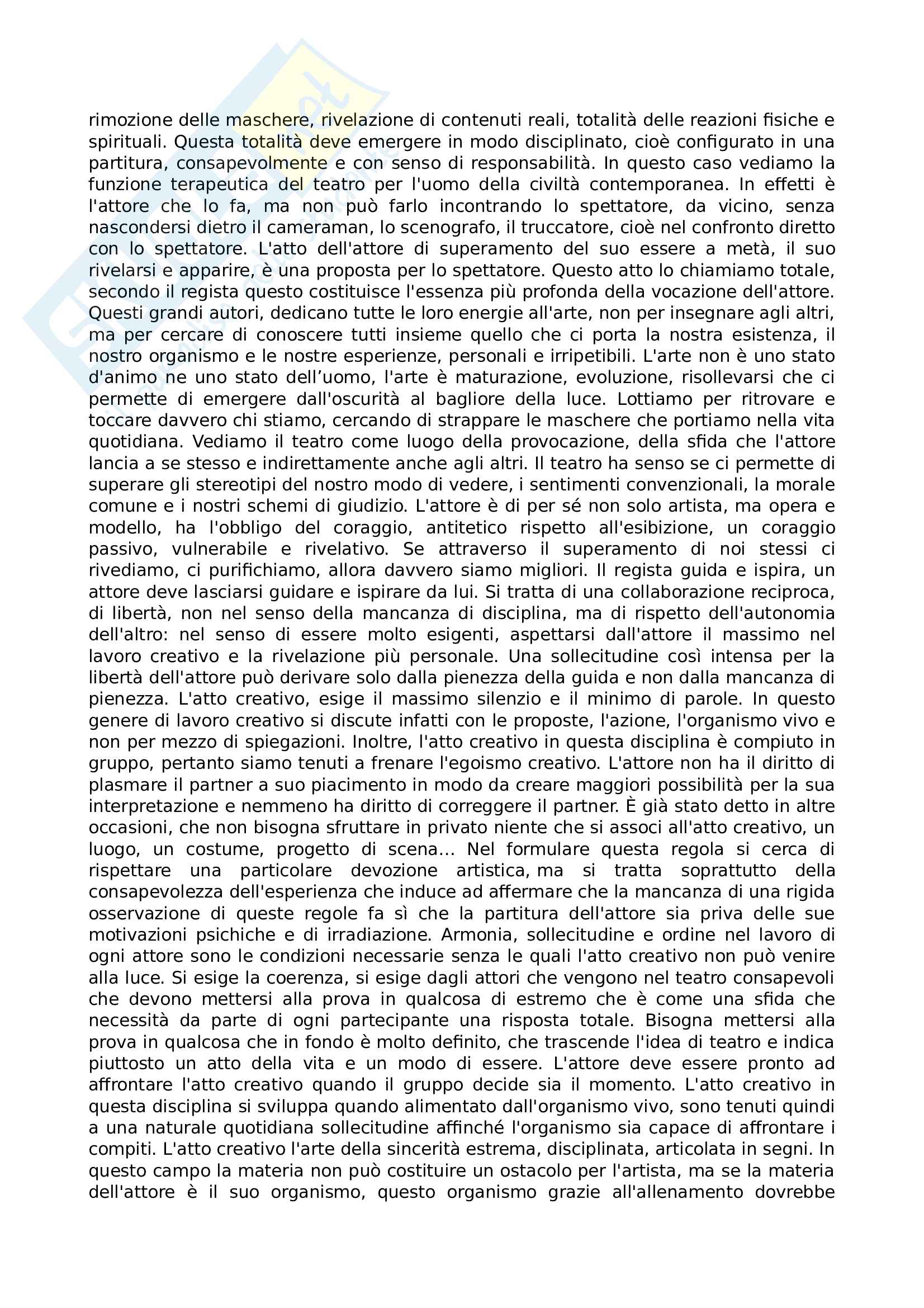 Riassunto esame Teatro, spettacolo, performance, prof. Guarino, libro consigliato Il teatro povero,Testi 1954-1998, volume 2, Grotowski Pag. 11