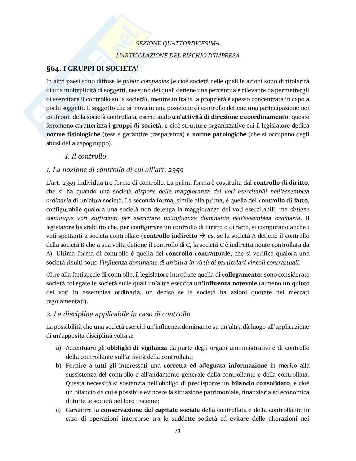 Riassunto esame Diritto commerciale , Prof. Tedeschi Claudia, libro consigliato Manuale di diritto commerciale, Cian Pag. 71