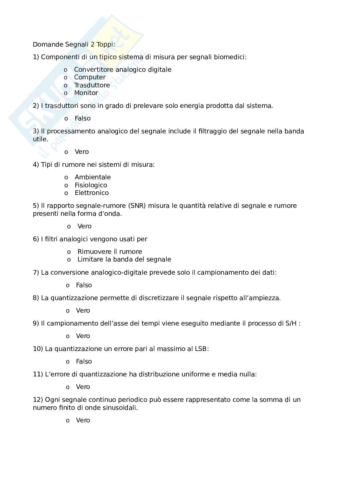 Quiz Elaborazione di dati e segnali biomedici svolti Pag. 1
