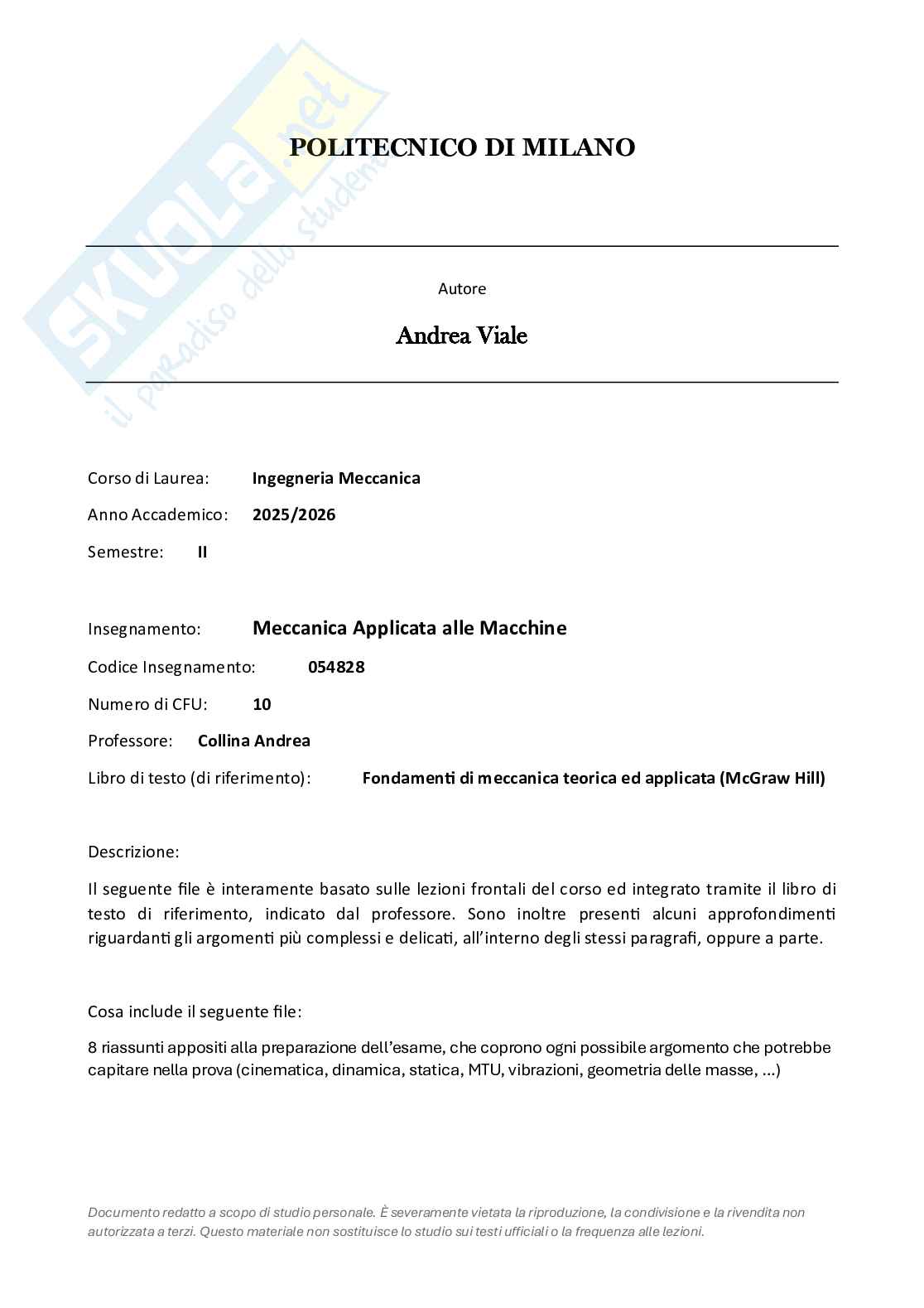 Appunti riassuntivi e Formulari di Meccanica applicata alle macchine Pag. 1
